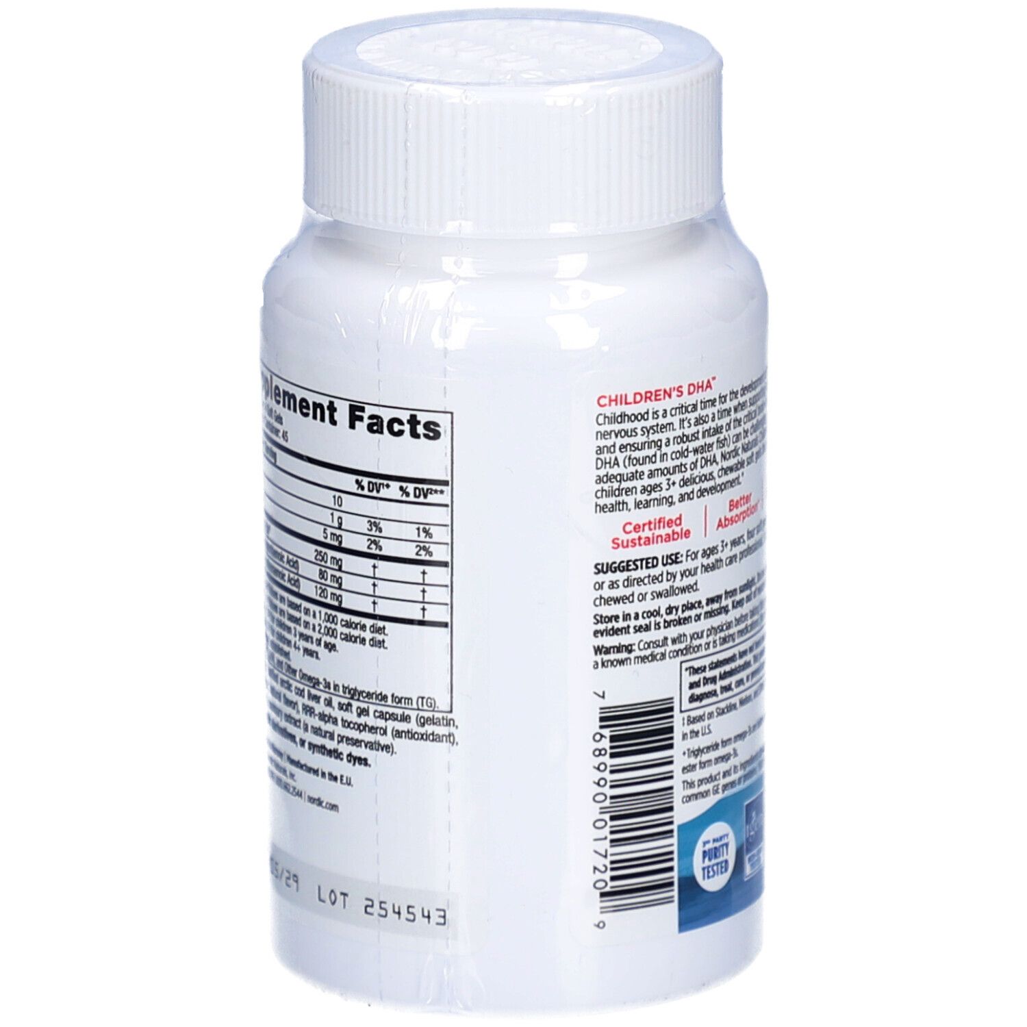 Weiße Flasche mit Kapseln. Rückseite mit Nährwertangaben und Informationen. Aufschrift: Pharmaceutical Grade.