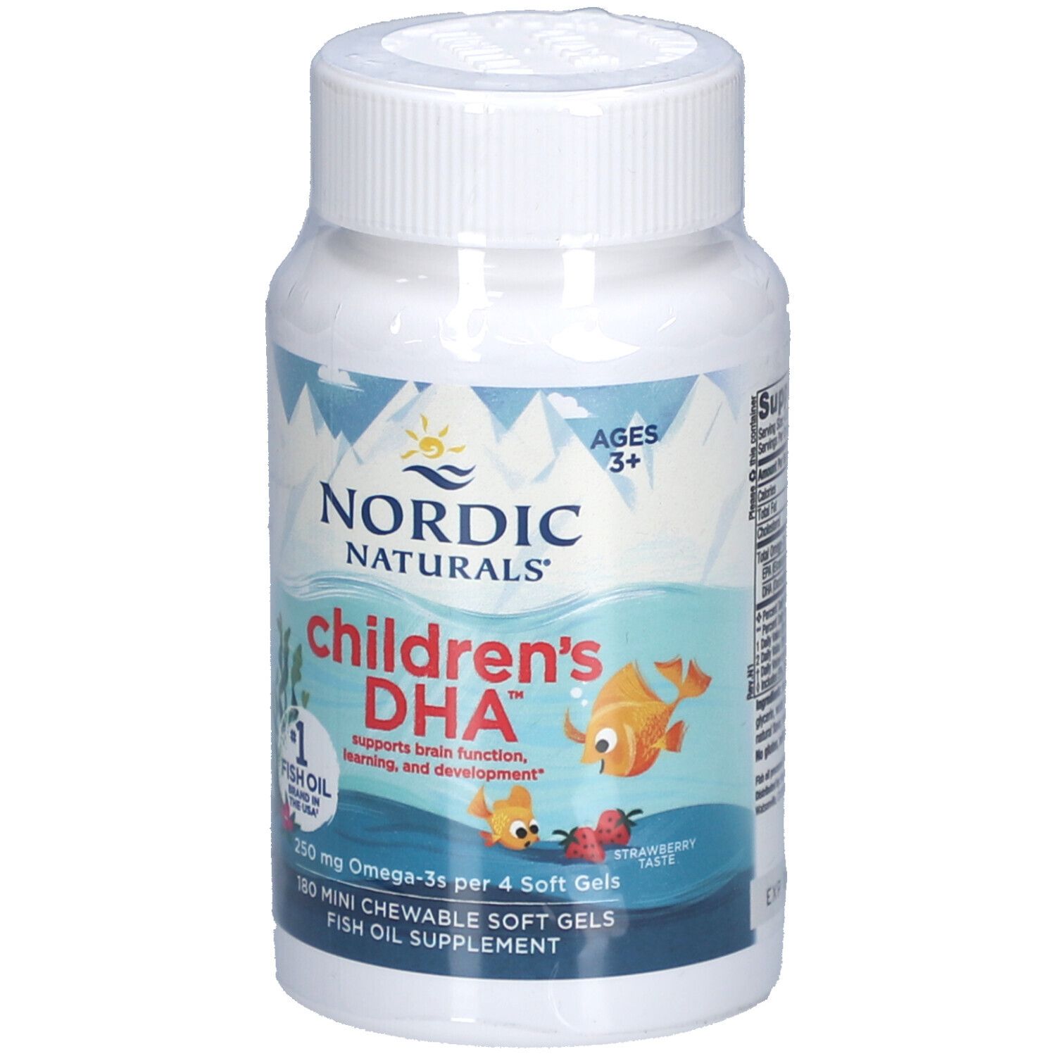 Weiße Flasche mit Kapseln. Aufschrift: Nordic Naturals, DHA Junior. Enthält 80 EPA/120 DHA. Für Kinder ab 3 Jahren.