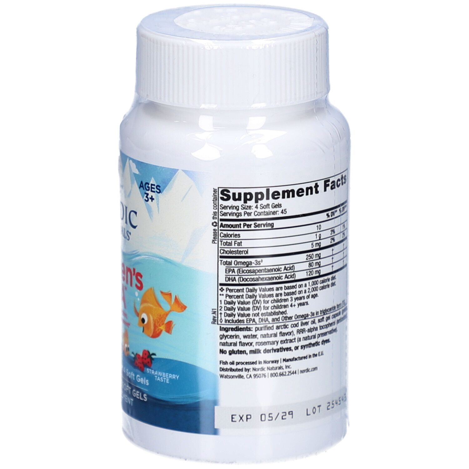 Weiße Flasche mit Kapseln. Aufschrift: Nordic Naturals, Children's DHA. Enthält 180 Mini-Kautabletten. Für Kinder ab 3 Jahren.