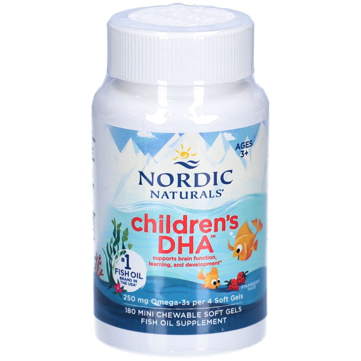 Weiße Flasche mit DHA Junior Softgels. Aufschrift: Nordic Naturals, DHA Junior, 180 Softgels, 250 mg. Für Kinder ab 3 Jahren.