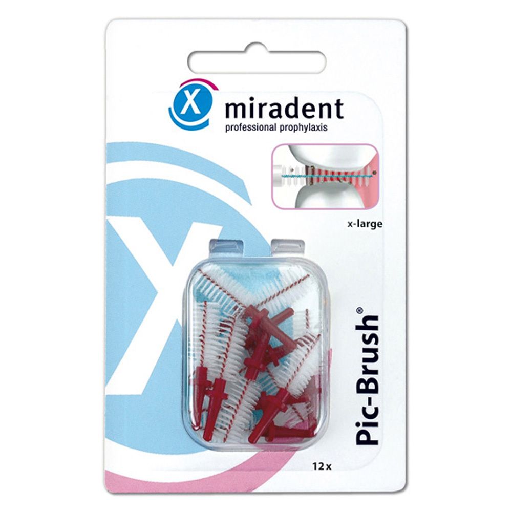 Packung mit Interdentalbürsten. Marke miradent, Modell Pic-Brush. Bürsten mit rotem Griff und weißen Borsten. 12 Stück.