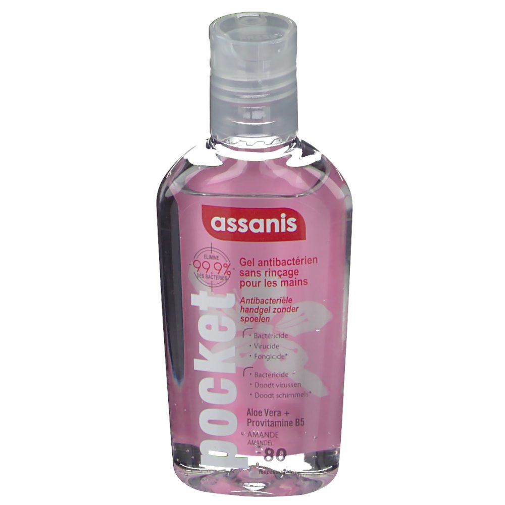Transparente Flasche mit rosa Flüssigkeit. Aufdruck: assanis, pocket, Gel antibactérien, 99,9%.