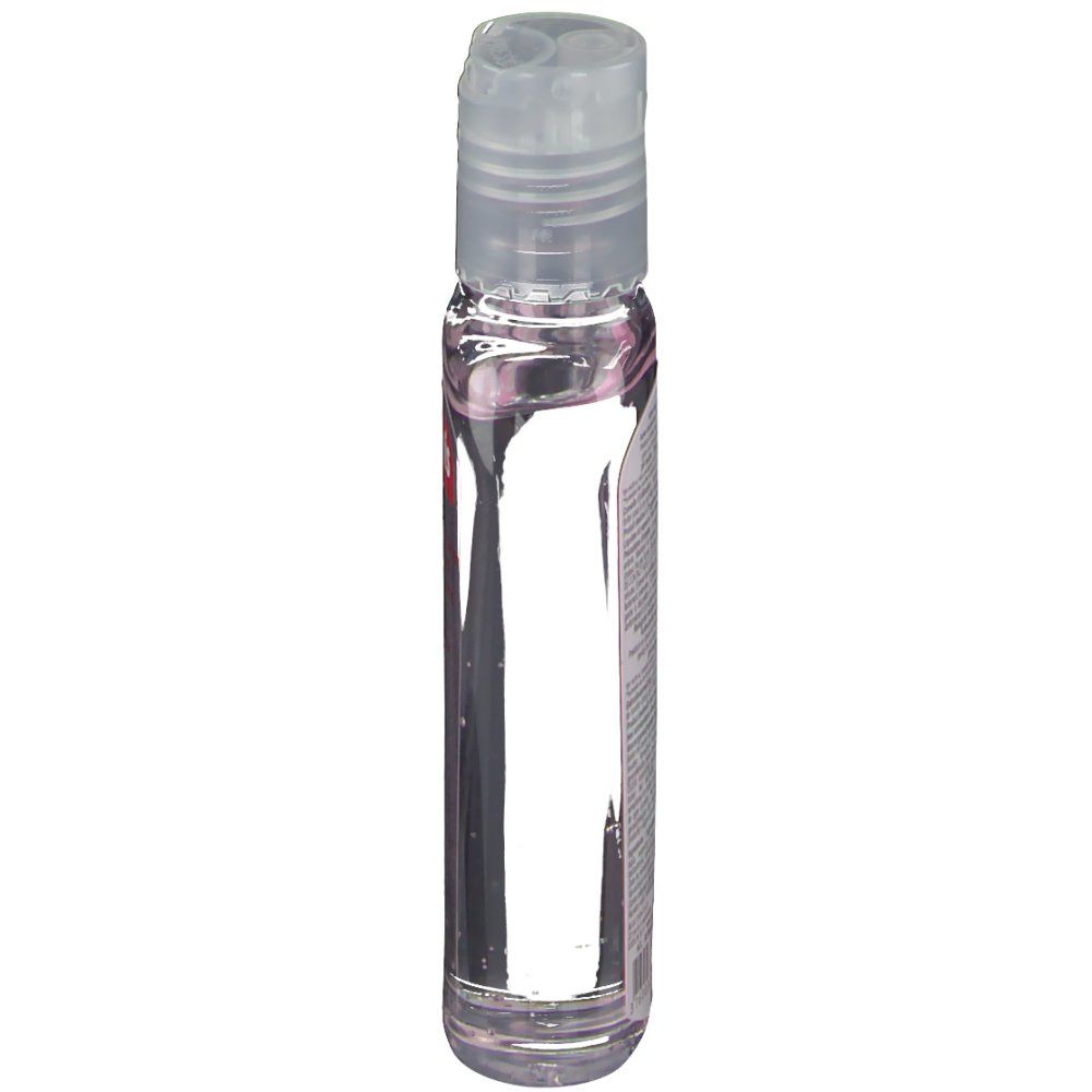 Schmale, transparente Flasche mit rosa Flüssigkeit und Klappverschluss.