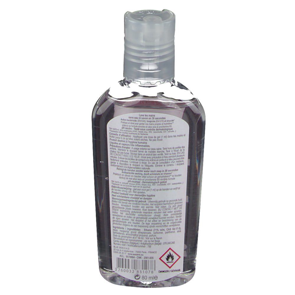 Rückseite einer transparenten Flasche mit Text. Warnhinweis und Inhaltsstoffe.