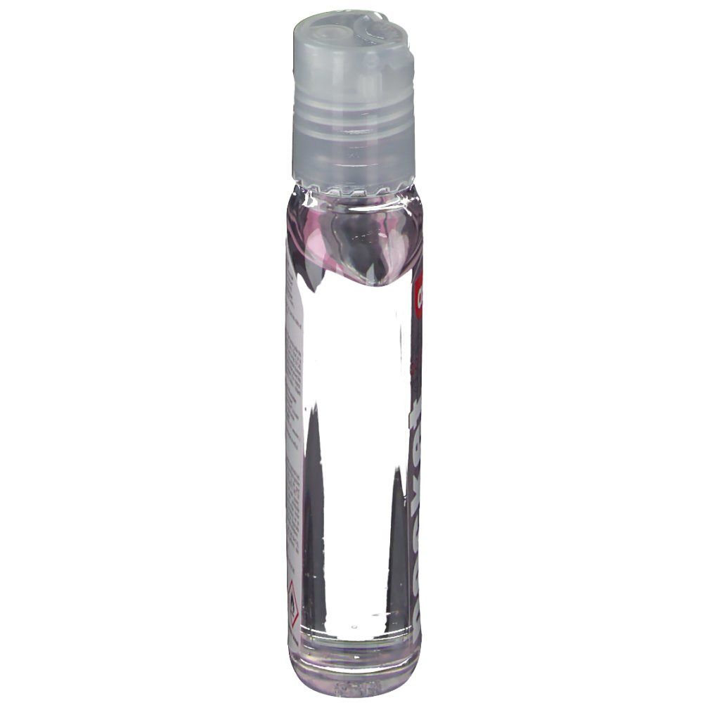 Schmale, transparente Flasche mit rosa Flüssigkeit und Klappverschluss.