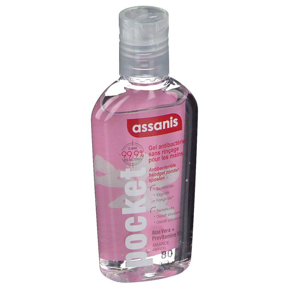 Transparente Flasche mit rosa Flüssigkeit. Aufdruck: assanis, pocket, Gel antibactérien, 99,9%.