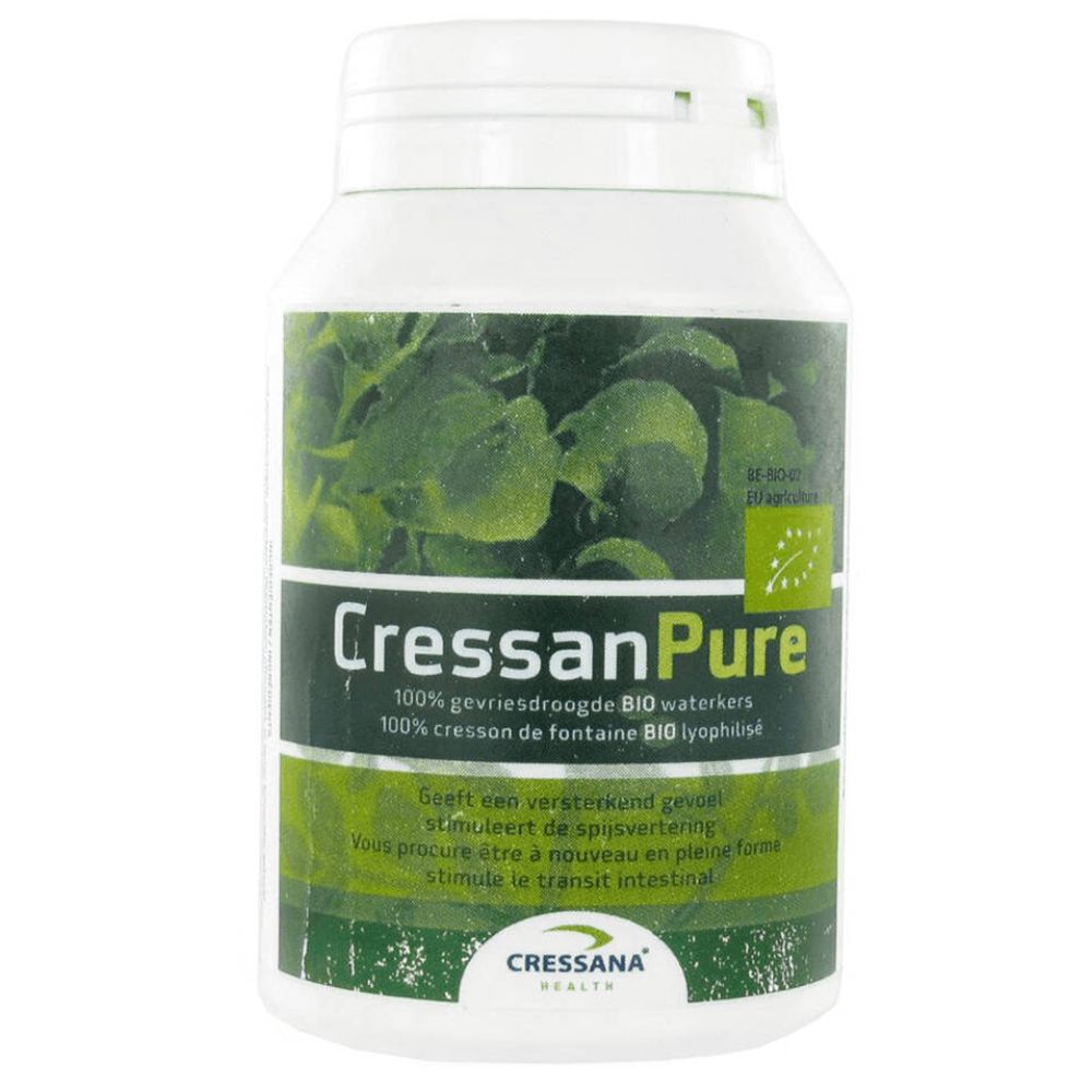 Weißes Pillenbehälter mit grünem Etikett. Aufschrift: CressanPure, BIO-Zertifizierung. Enthält getrocknete BIO-Brunnenkresse.