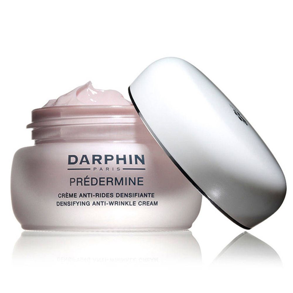 Offener rosa Creme-Tiegel mit weißem Deckel. Darphin Paris, Prédermine, Creme.