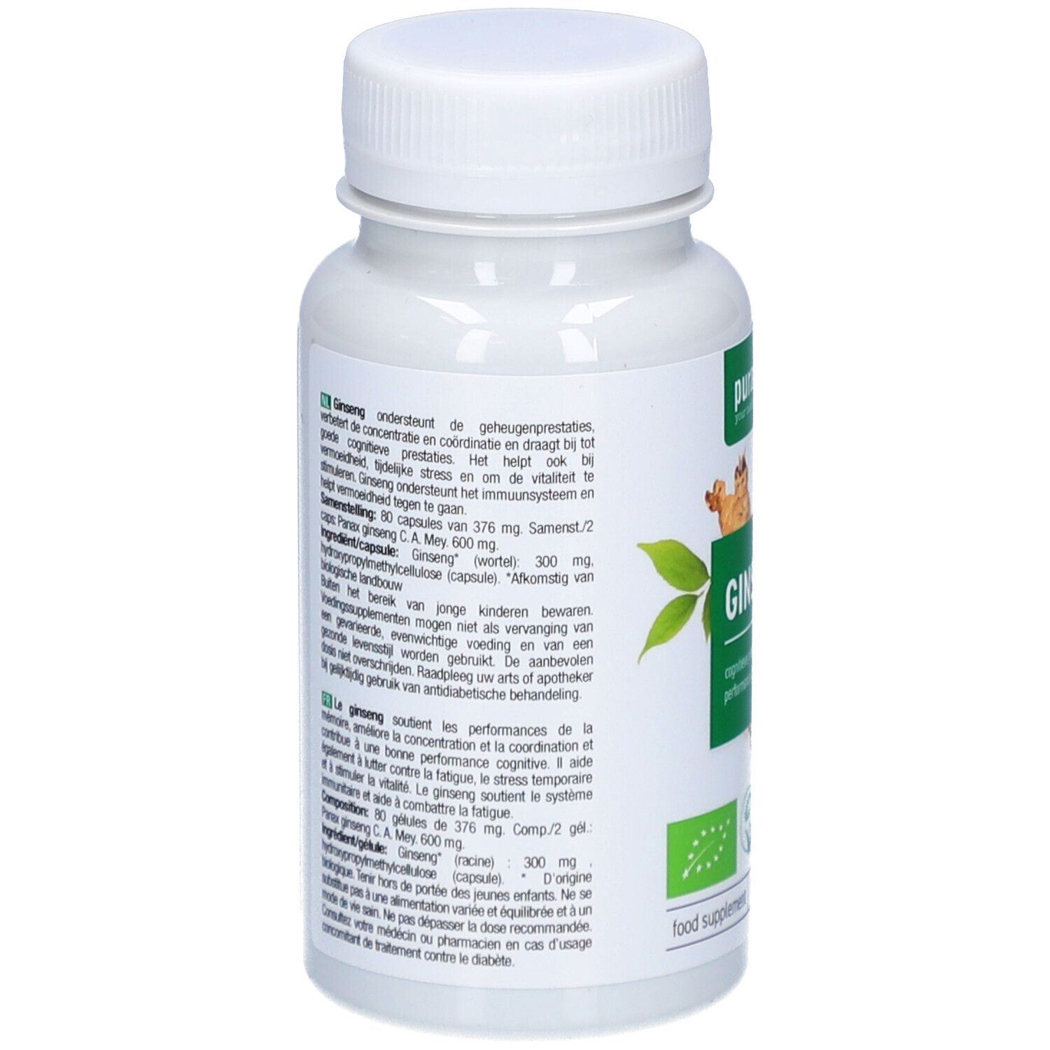 Rückseite der weißen Flasche mit purasana® Ginseng-Kapseln. Textinformationen auf Grün-Weiß. Vegan-Siegel.