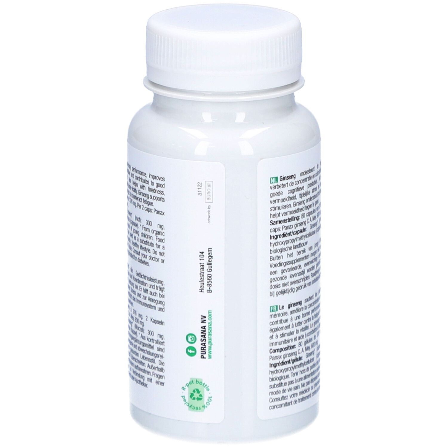 Rückseite der weißen Flasche mit purasana® Ginseng-Kapseln. Textinformationen auf Grün-Weiß. Vegan-Siegel.