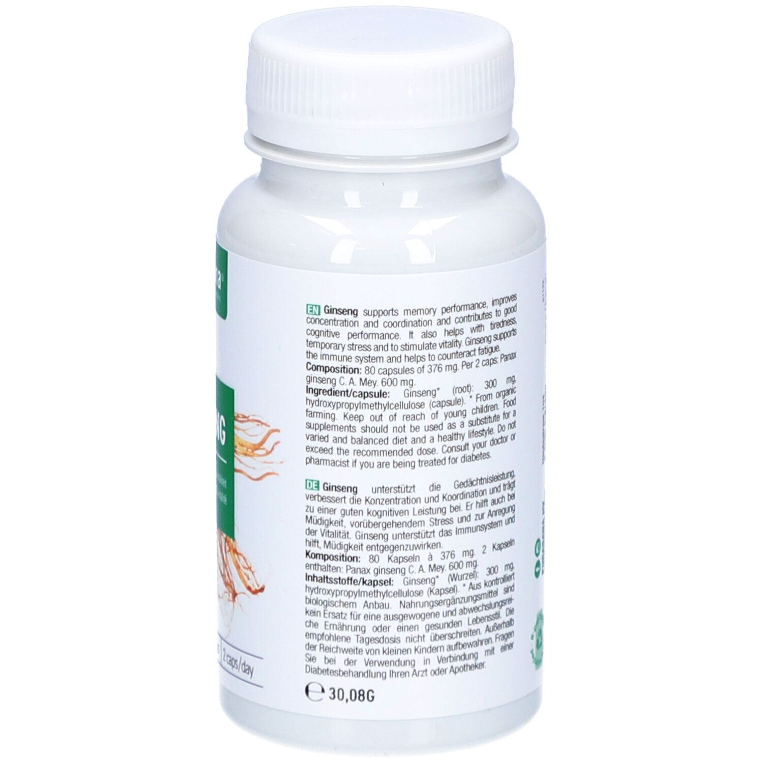 Rückseite der weißen Flasche mit purasana® Ginseng-Kapseln. Textinformationen auf Grün-Weiß. Vegan-Siegel.