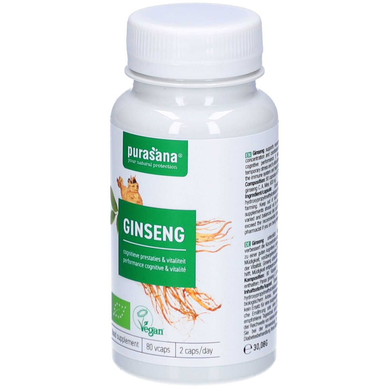 Weiße Flasche mit purasana® Ginseng-Kapseln. Grün-weiße Etikettierung mit Produktnamen und Logo. Vegan-Siegel.