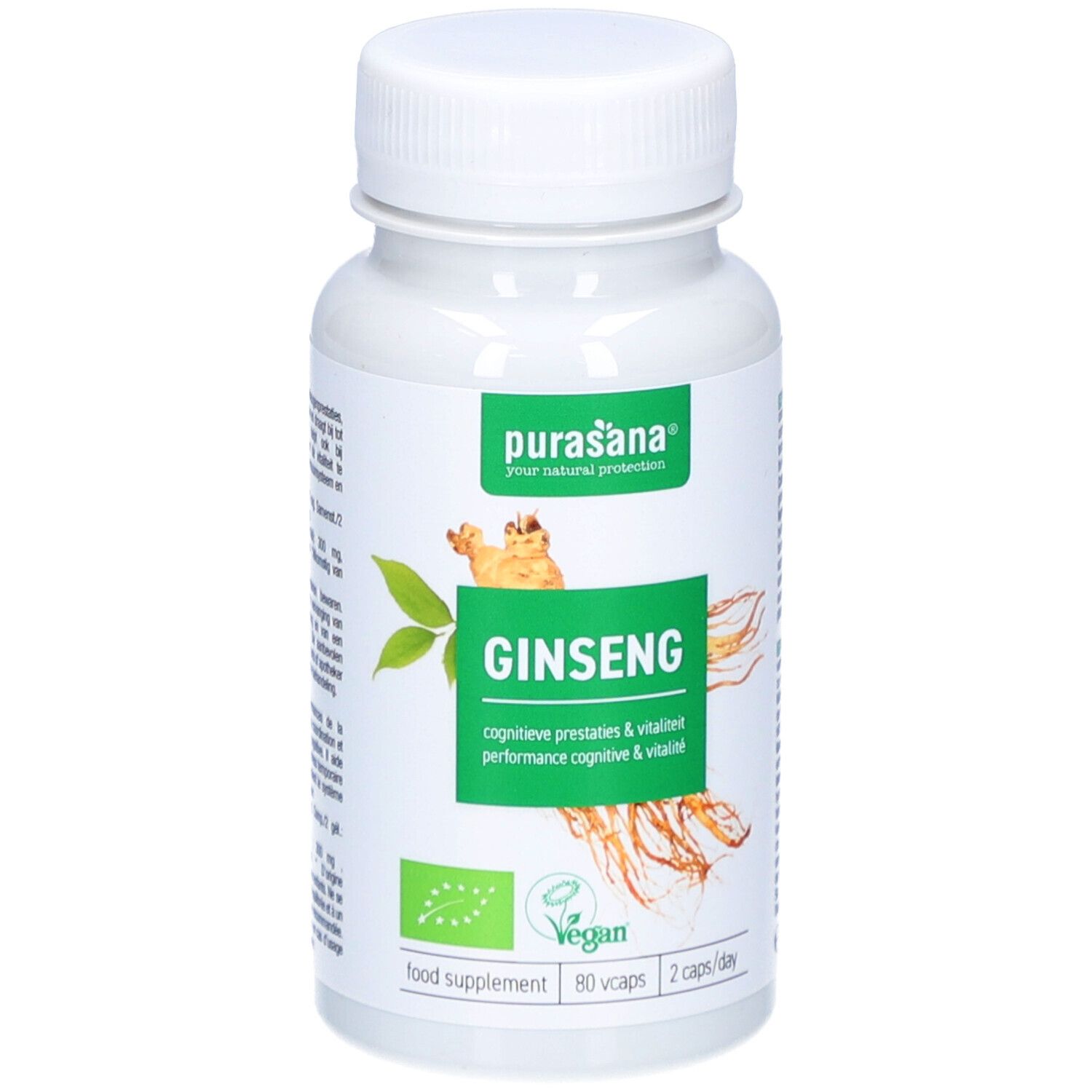 Weiße Flasche mit purasana® Ginseng-Kapseln. Grün-weiße Etikettierung mit Produktnamen und Logo. Vegan-Siegel.