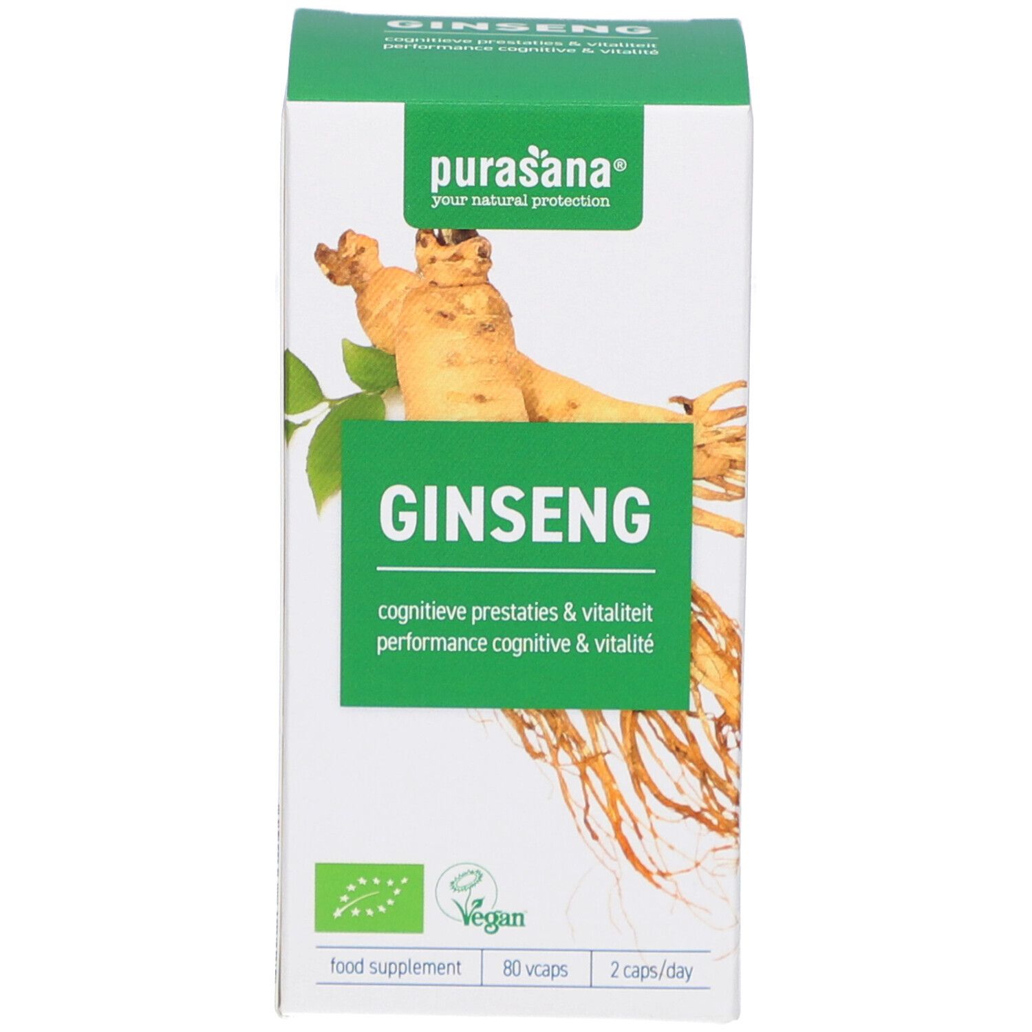Purasana® Ginseng-Schachtel. Grün-weißes Design. Produktname und Logo. Vegan-Siegel. 80 Kapseln.