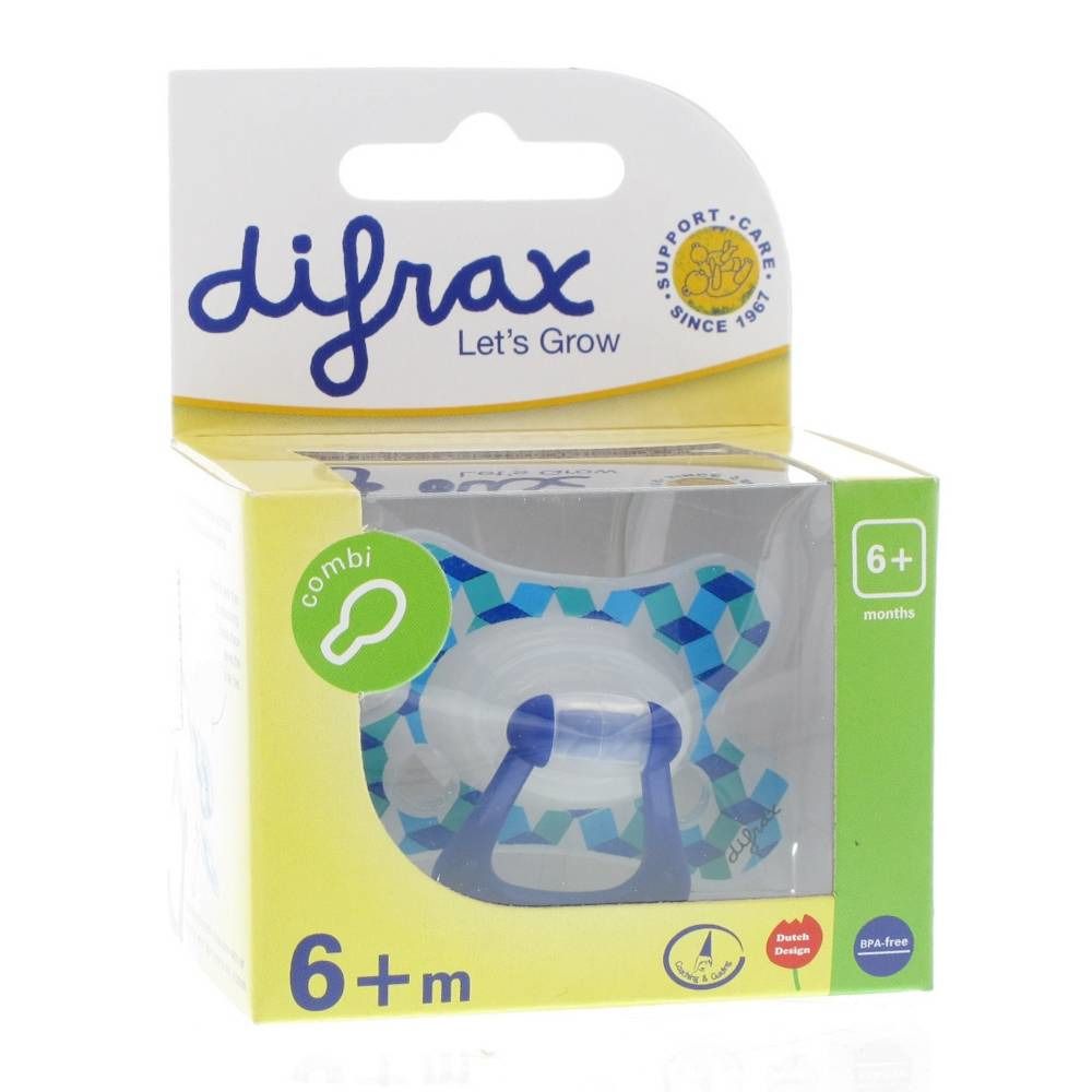 Schnuller in Verpackung. Blau-weiße Musterung, blaues Mundstück, grüner Ring. Altersempfehlung: 6+ Monate. Marke: difrax.