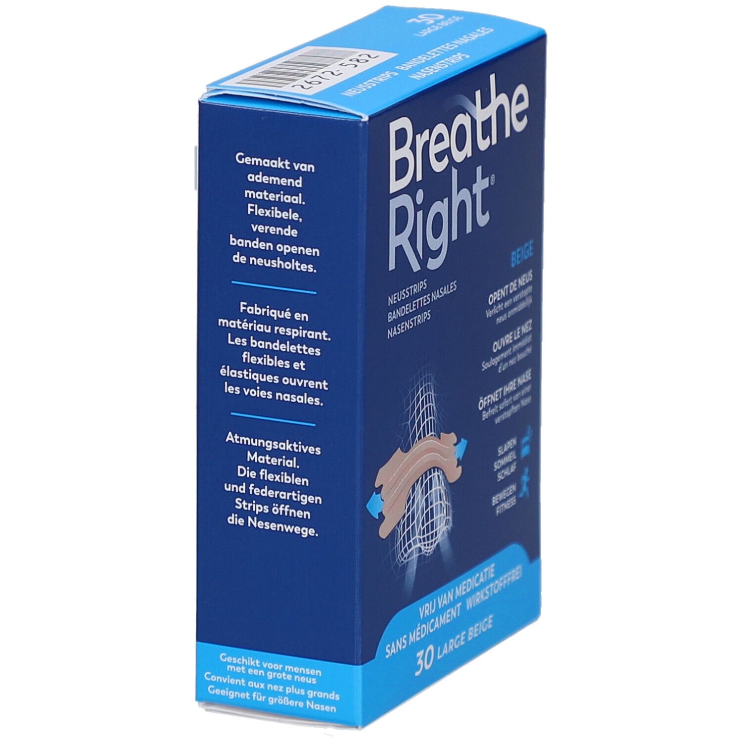 Breathe Right-Box, blau. Text: Gemaakt van ademend materiaal, Fabriqué en matériau respirant, Atmungsaktives Material. 30 Large Beige.