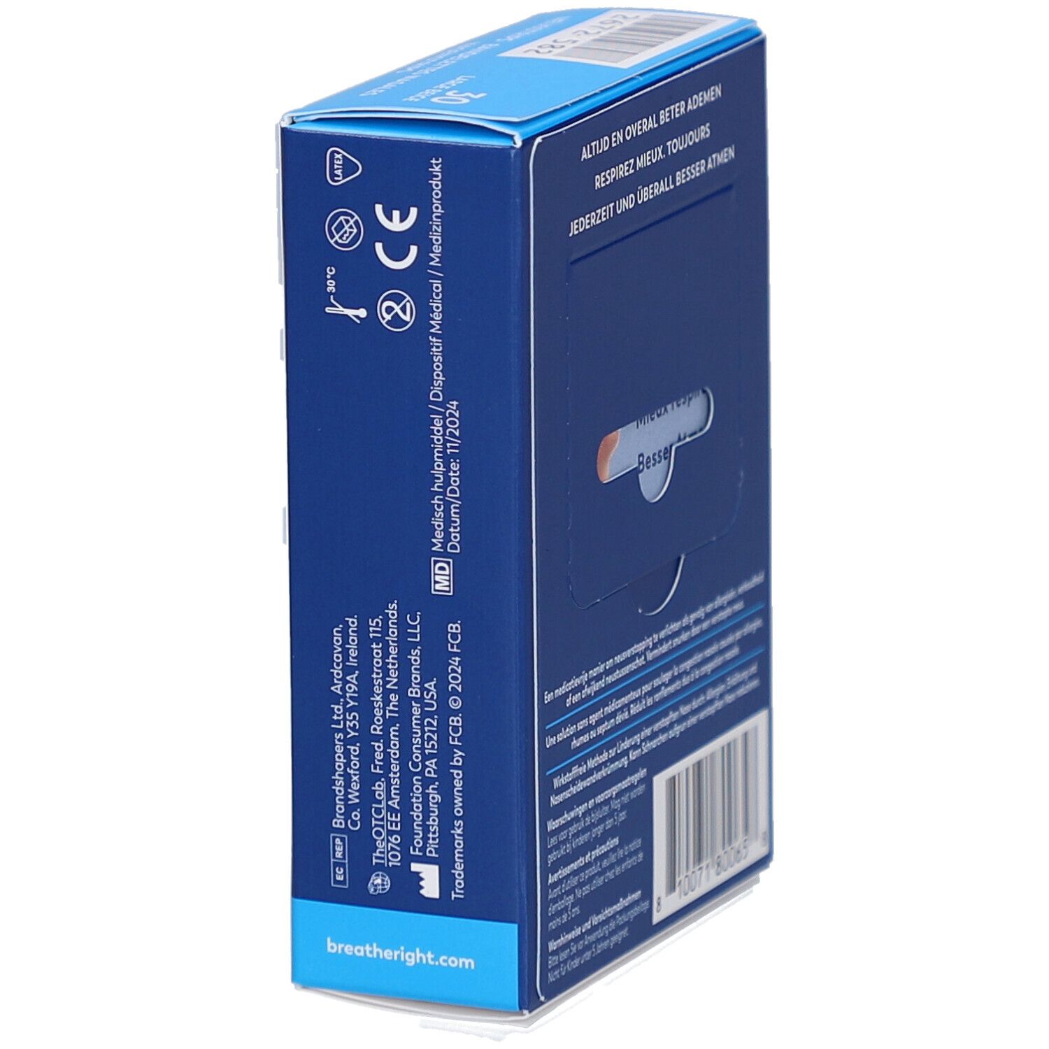 Seite der Breathe Right-Box. Text: Altijd en overal beter ademen, Respirez mieux. toujours, Jederzeit und überall besser atmen. MD-Zeichen.
