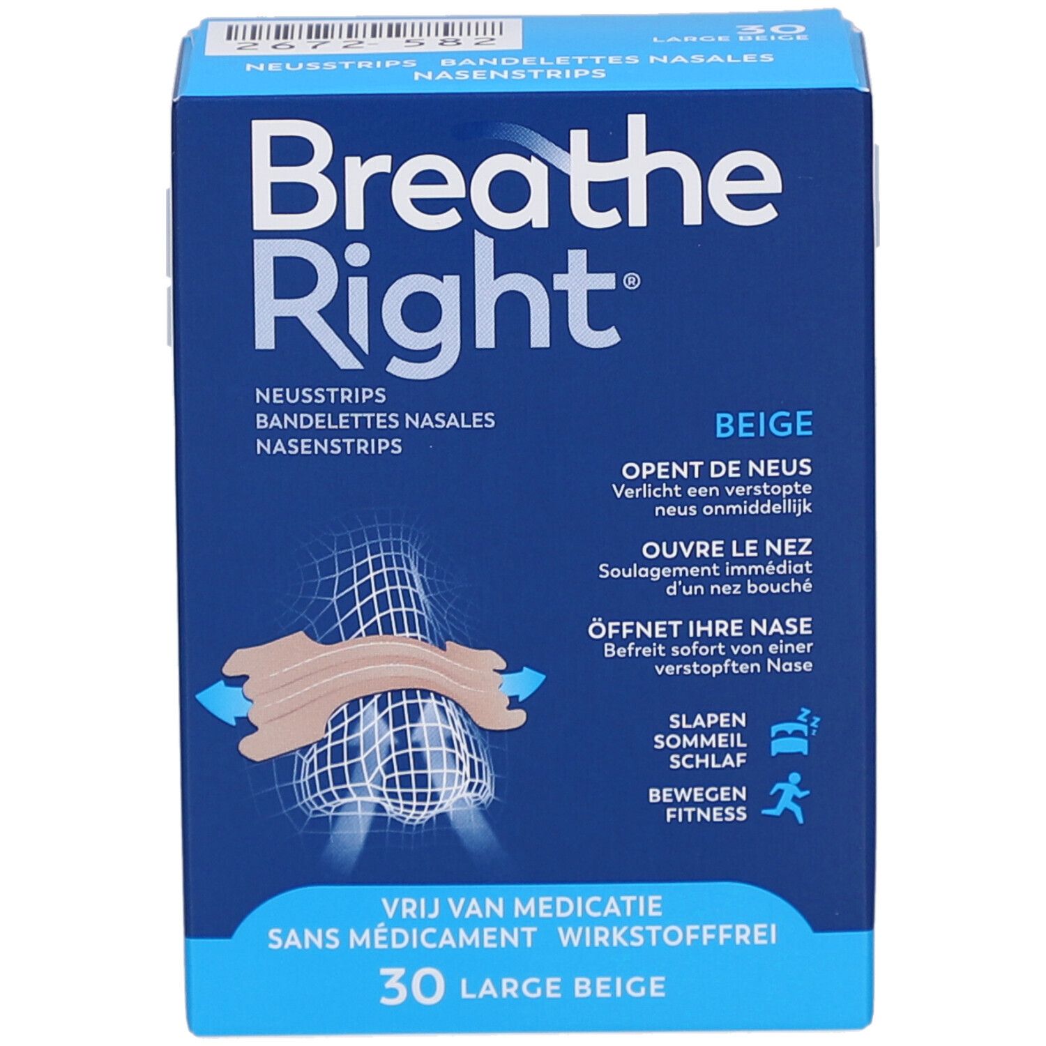 Breathe Right-Box, blau. Text: Opent de neus, ouvre le nez, öffnet ihre Nase. 30 Large Beige. Schlaf- und Fitness-Symbole.