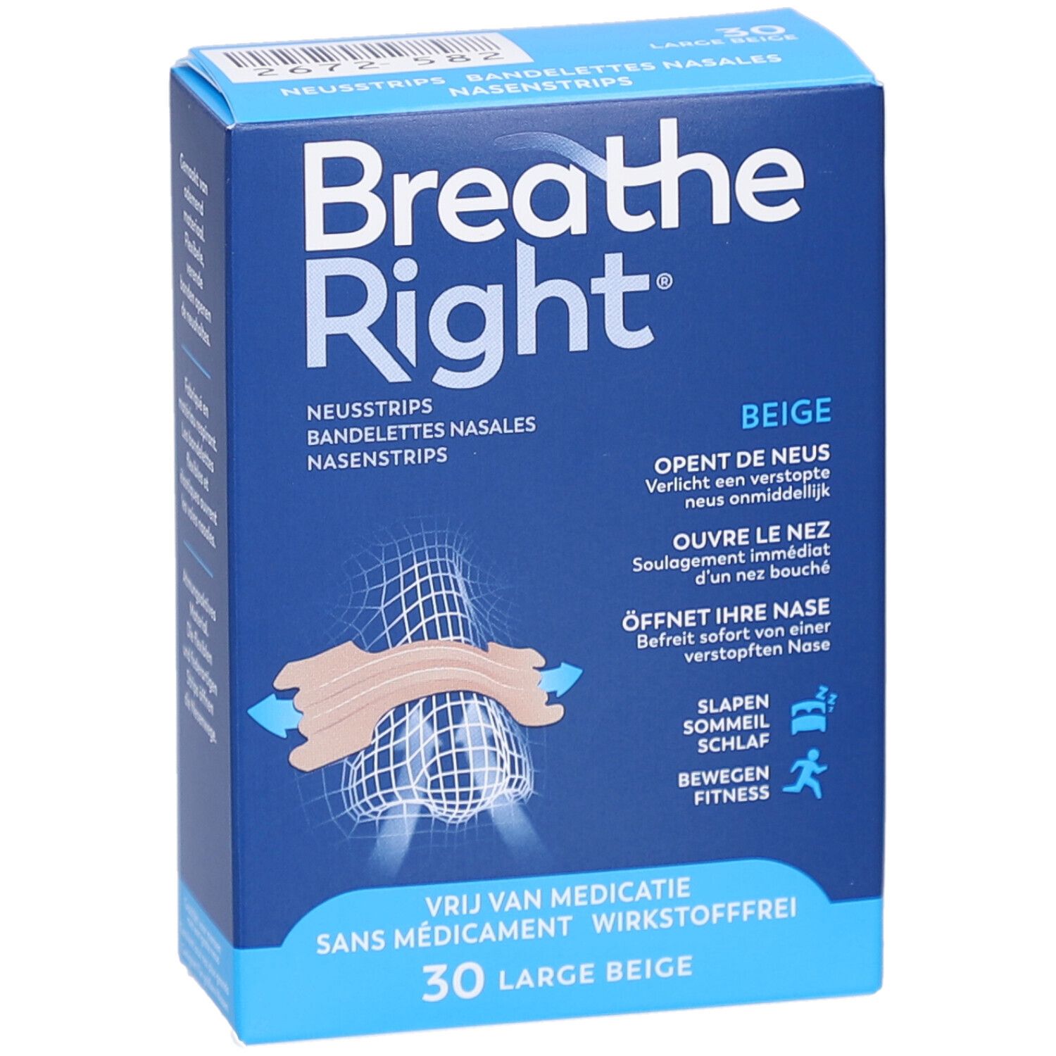 Breathe Right-Box, blau. Text: Opent de neus, ouvre le nez, öffnet ihre Nase. 30 Large Beige. Schlaf- und Fitness-Symbole.