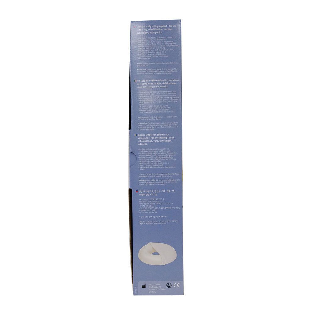 Seitenansicht der Produktverpackung. Text in mehreren Sprachen. Abbildung des Ringkissens. Logo und Zertifizierungen.