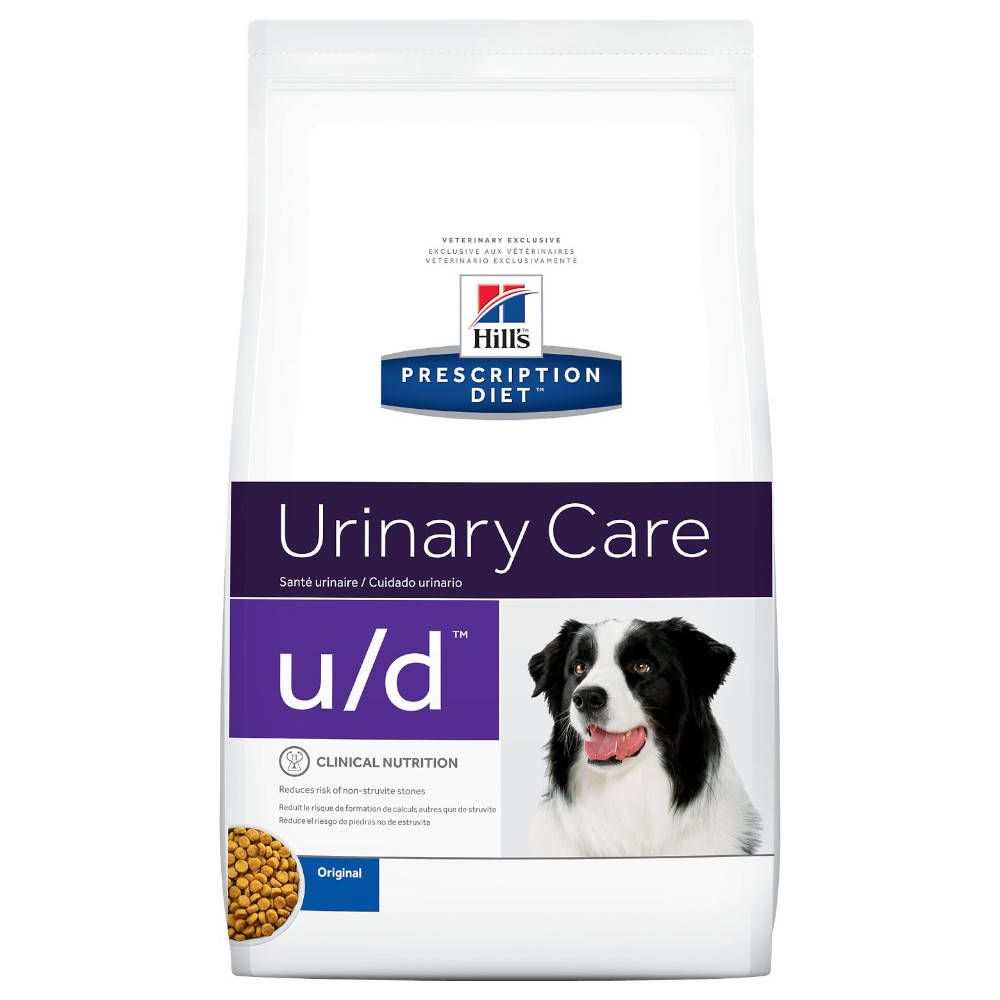 Hundefutterbeutel mit "Hill's Prescription Diet Urinary Care u/d". Abbildung eines Hundes. Original.