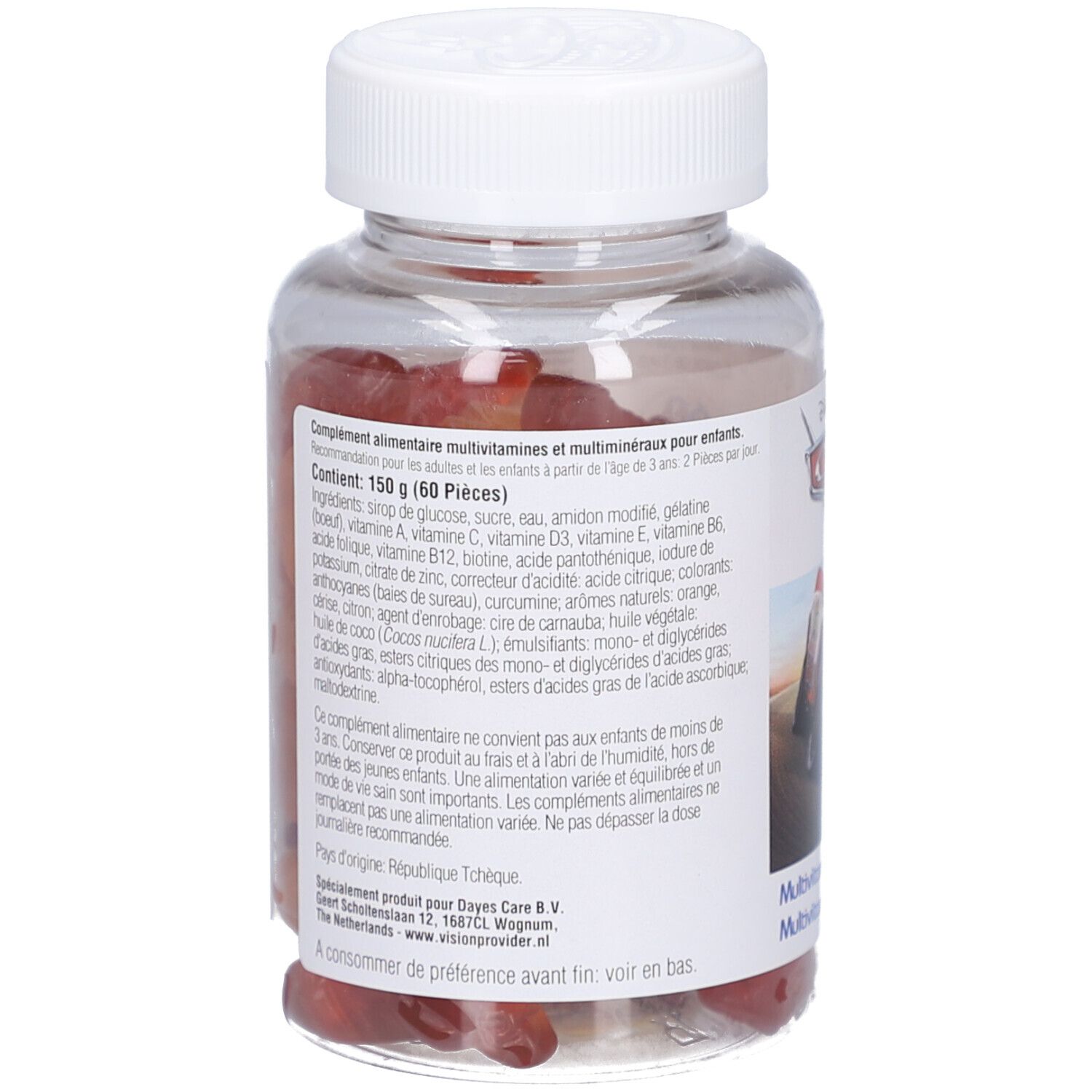 Rückseite einer transparenten Flasche mit roten Gummibärchen. Enthält Informationen zu Inhaltsstoffen und Nährwerten.