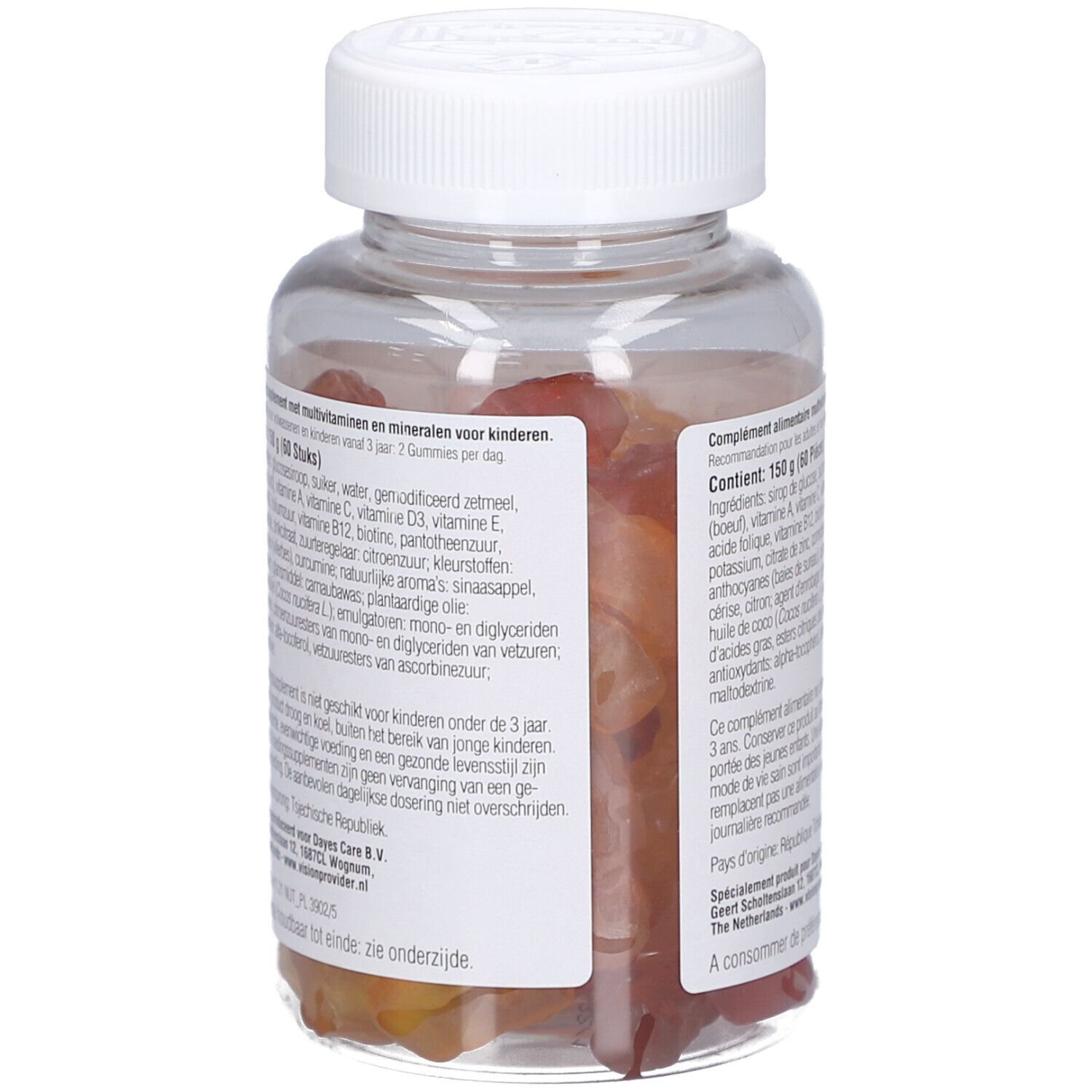 Rückseite einer transparenten Flasche mit roten Gummibärchen. Enthält Informationen zu Inhaltsstoffen und Nährwerten.