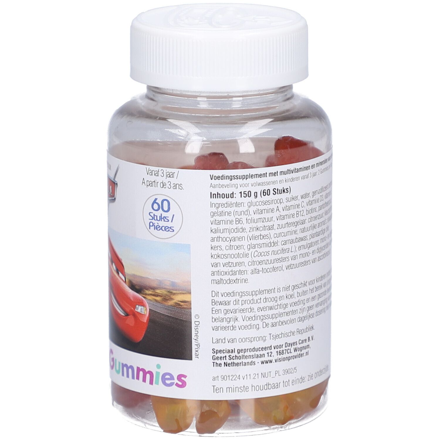 Transparente Flasche mit roten Gummibärchen. Aufschrift: Disney Pixar Cars, Multivitamine Gummies. 60 Stück.