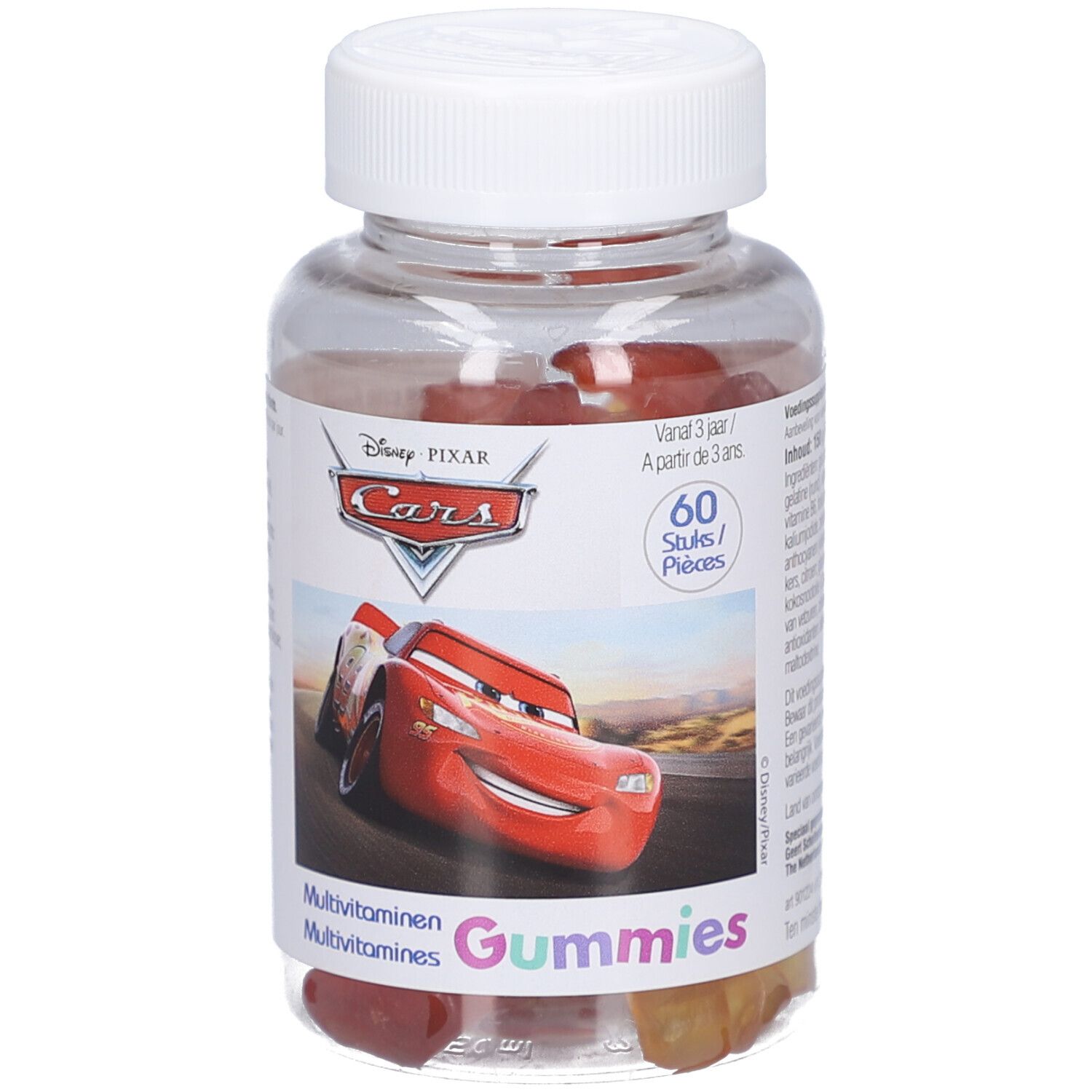 Transparente Flasche mit roten Gummibärchen. Aufschrift: Disney Pixar Cars, Multivitamine Gummies. 60 Stück.