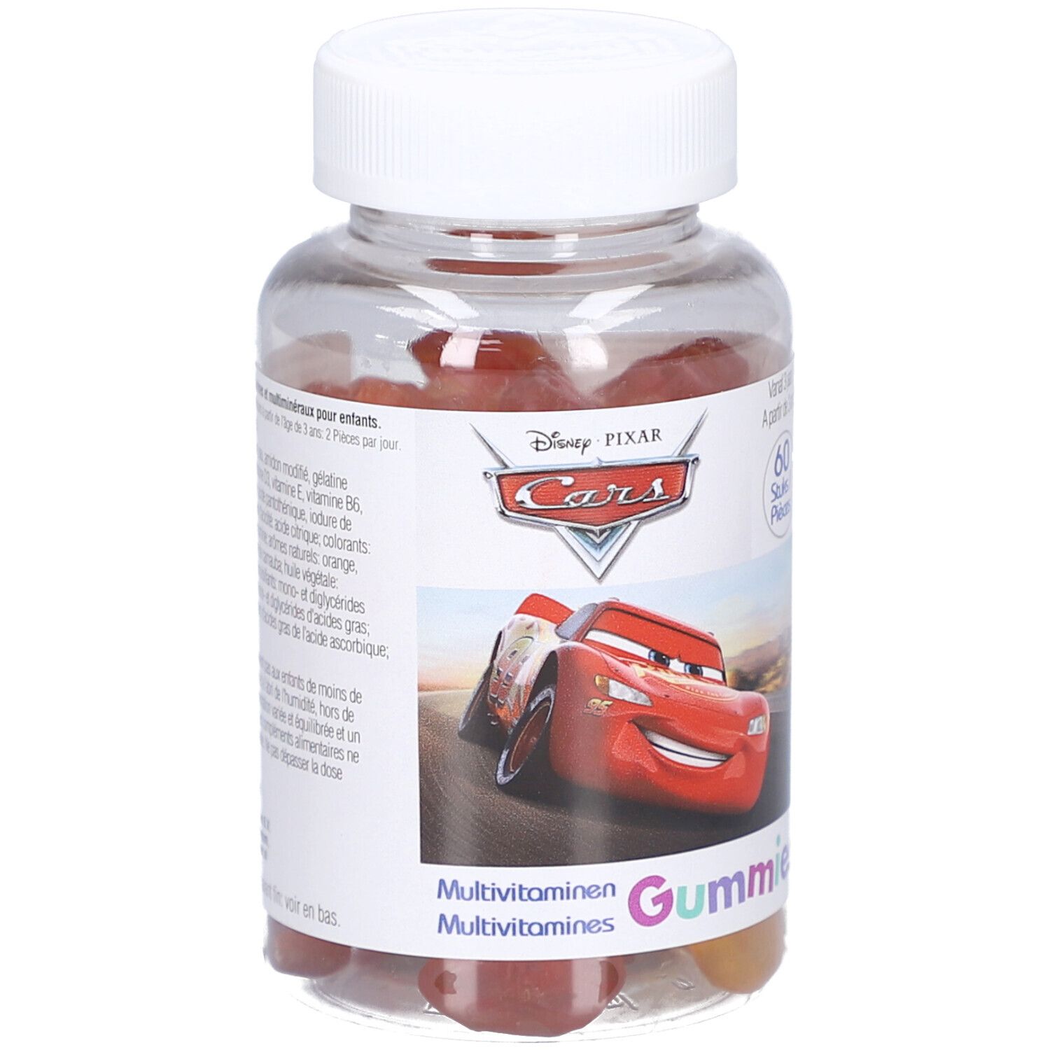 Produktverpackung: Flasche und Karton. Aufschrift: Disney Pixar Cars, Multivitamine Gummies. 60 Stück.