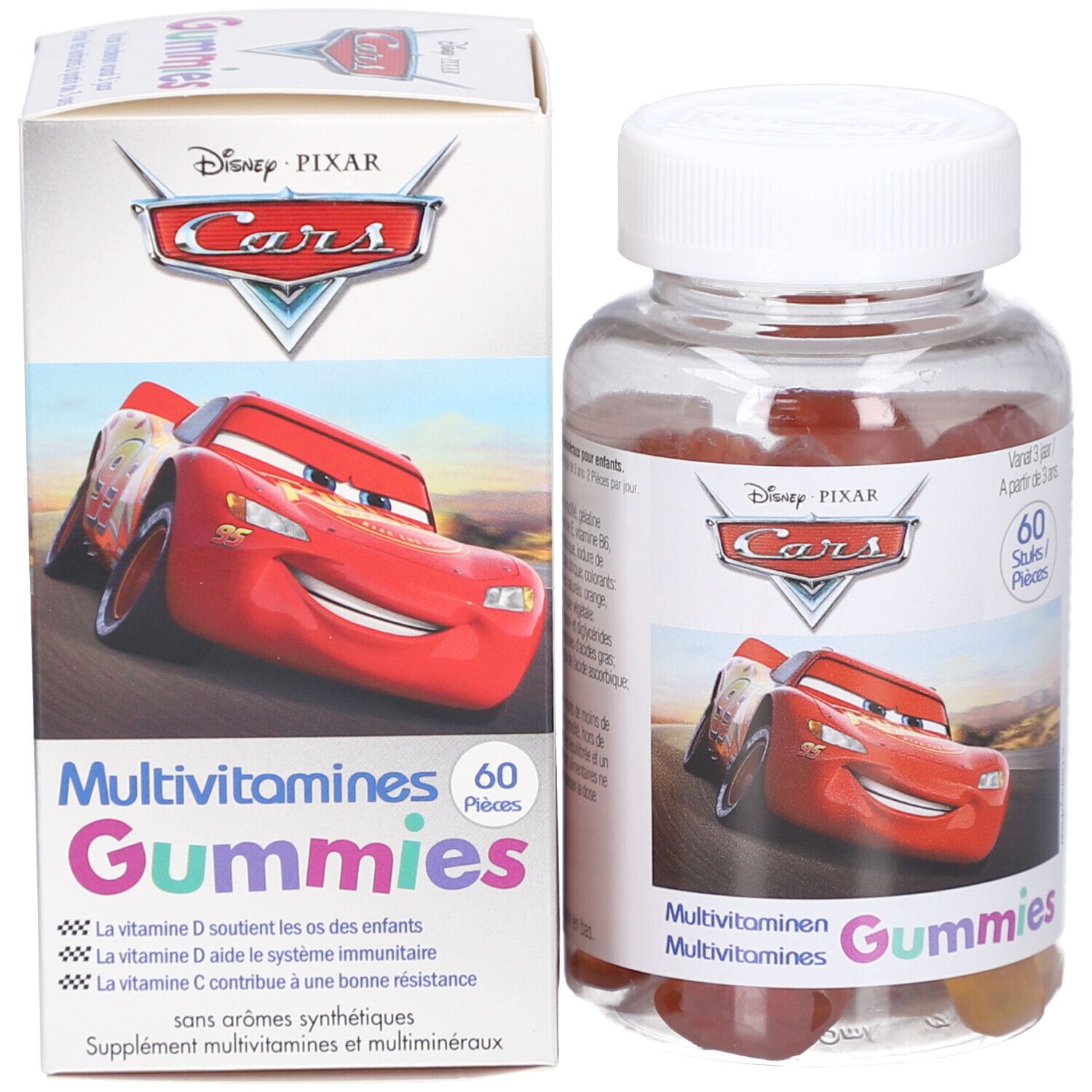 Kartonverpackung mit Disney Cars-Motiv. Aufschrift: Multivitamine Gummies. 60 Stück. Enthält Vitamin D und C.