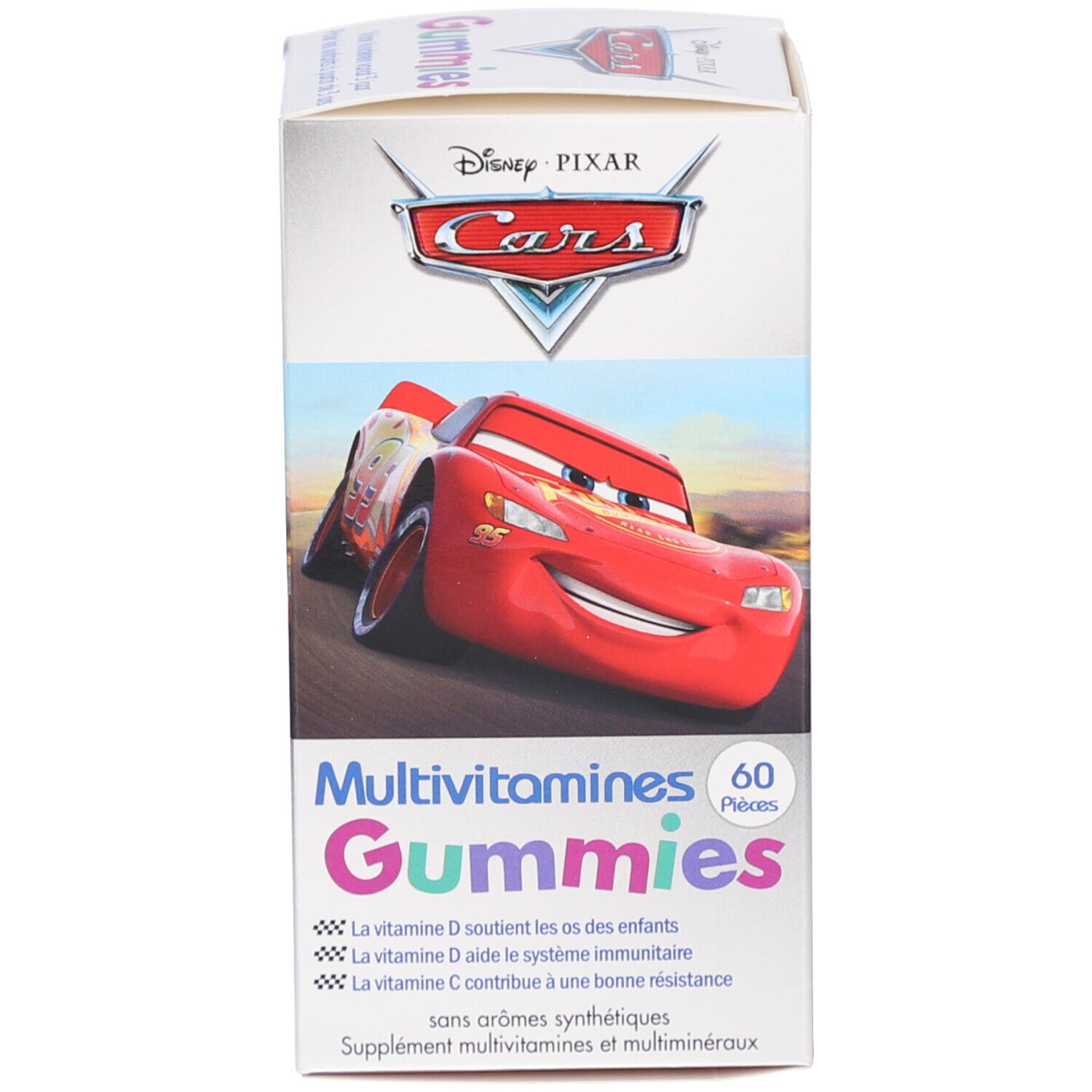 Kartonverpackung mit Disney Cars-Motiv. Aufschrift: Multivitamine Gummies. 60 Stück. Enthält Vitamin D und C.