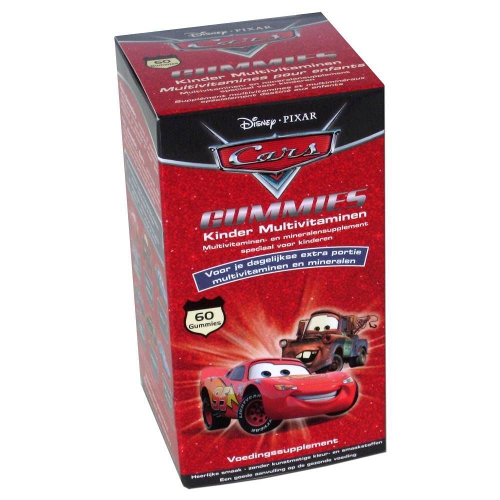 Verpackung mit Disney Cars Multivitamine. Rote Schachtel mit Cars-Logo, 60 Gummibärchen. Aufdruck: Kinder Multivitamine.