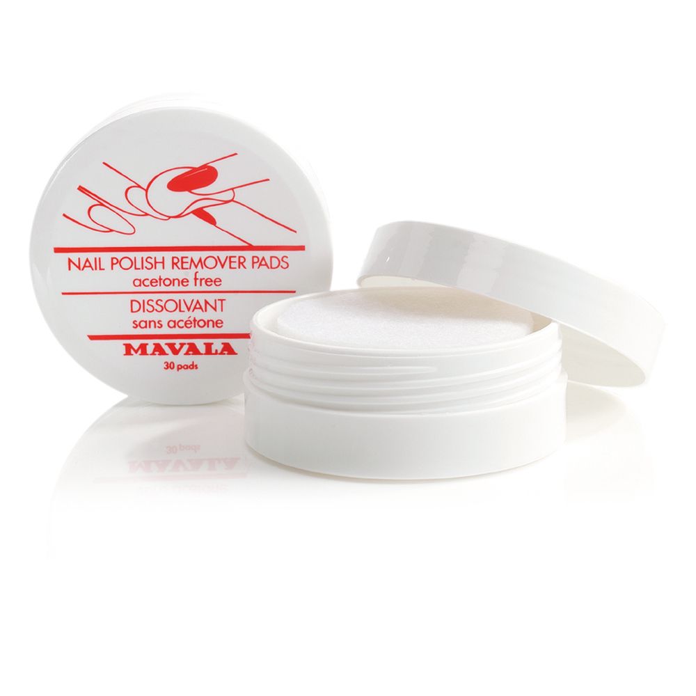Weiße Dose mit Deckel und Pads. Aufschrift: Nail Polish Remover Pads, acetone free, Dissolvant sans acétone, Mavala, 30 pads.