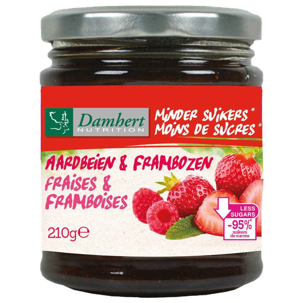 Glas mit Damhert Konfitüre. Aufschrift: Aardbeien & Frambozen, Minder Suikers, -95% suikers.
