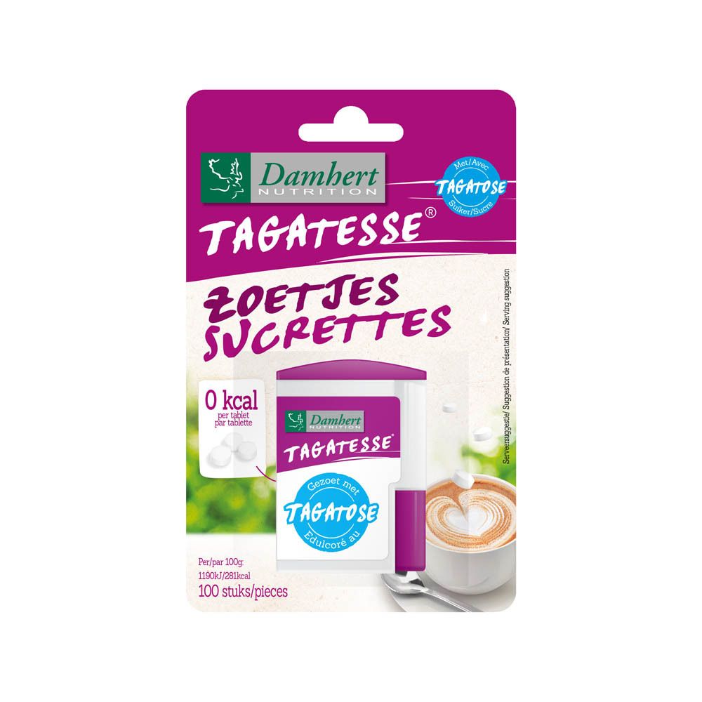 Verpackung mit Damhert Tagatesse Süßstoff-Tabletten. 100 Tabletten, 0 kcal pro Tablette. Aufdrucke in Niederländisch und Französisch.