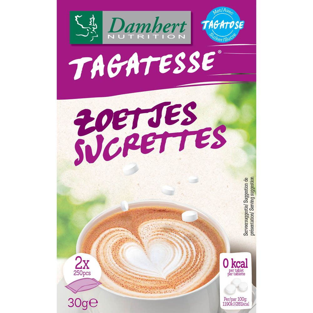 Verpackung von Damhert Tagatesse Süßstoff. Rosa Schachtel mit Produktnamen und Abbildung eines Kaffees mit Herzmuster.