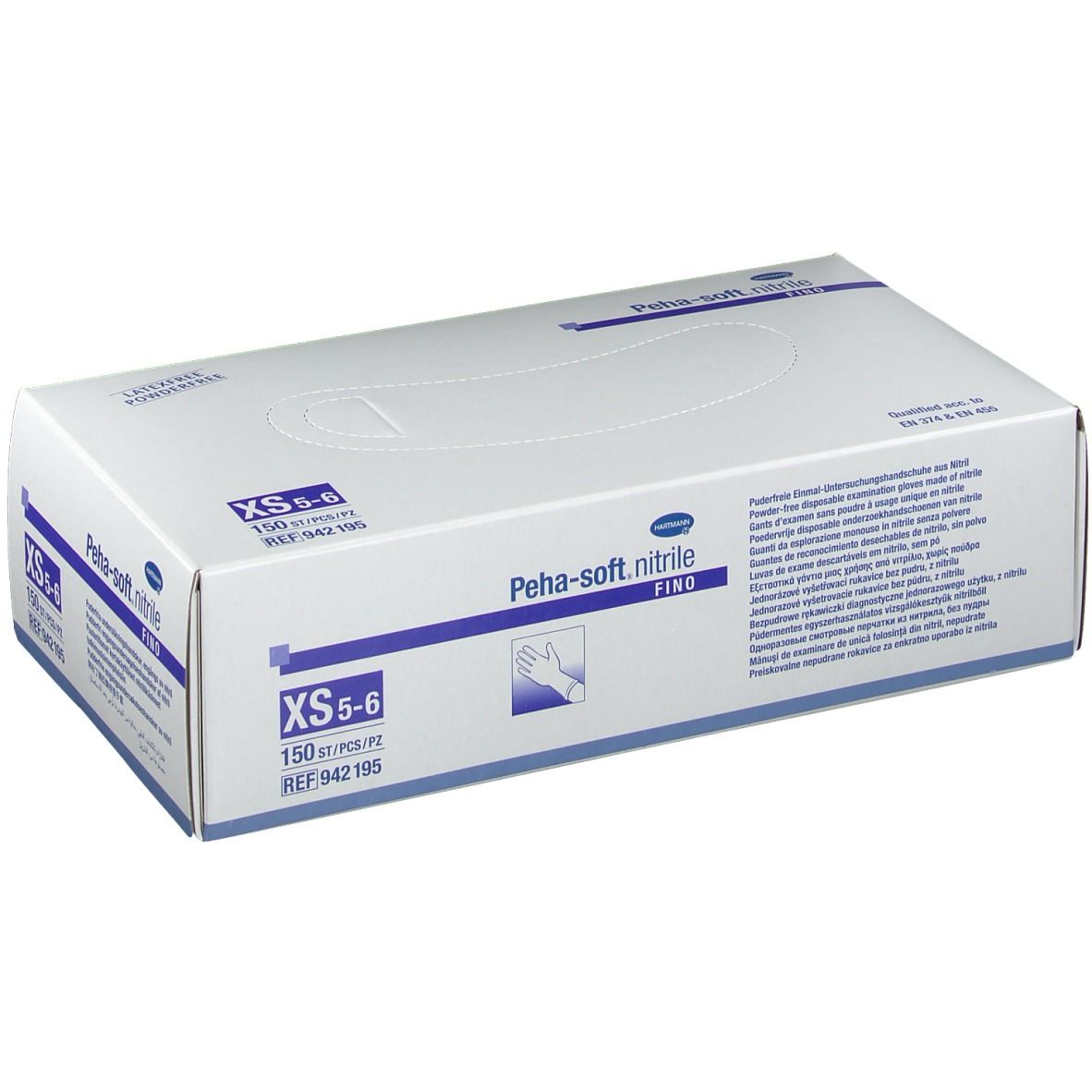 Weißer Karton mit Peha-soft nitrile fino Handschuhen. Größe XS 5-6. 150 Stück/Packung. Produktinformationen und Logo.