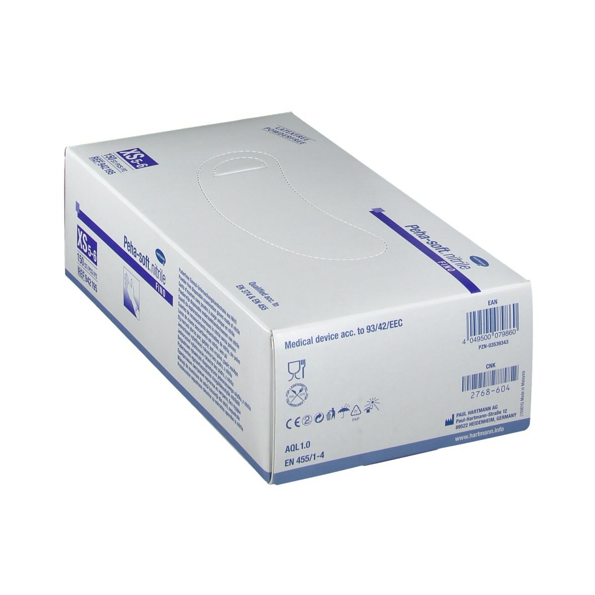 Karton mit Peha-soft nitrile fino Handschuhen. Größe XS 5-6. Medizinprodukt-Kennzeichnung. Barcode und CE-Zeichen.