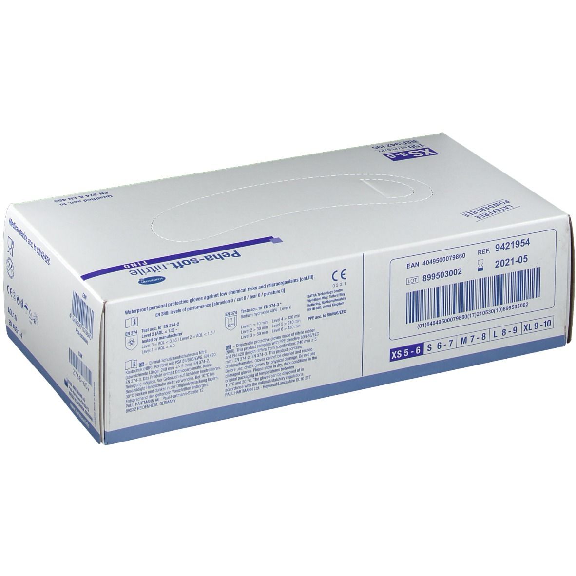 Karton mit Peha-soft nitrile fino Handschuhen. Größe XS 5-6. Barcode, Chargennummer und Verfallsdatum. CE-Zeichen.
