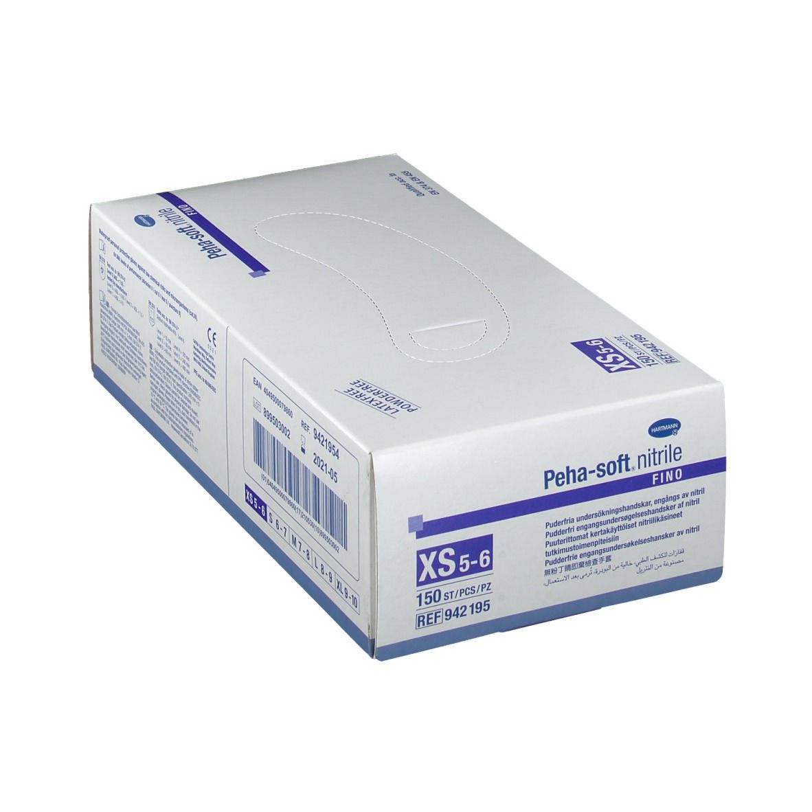 Karton mit Peha-soft nitrile fino Handschuhen. Größe XS 5-6. 150 Stück/Packung. Produktinformationen und Logo.