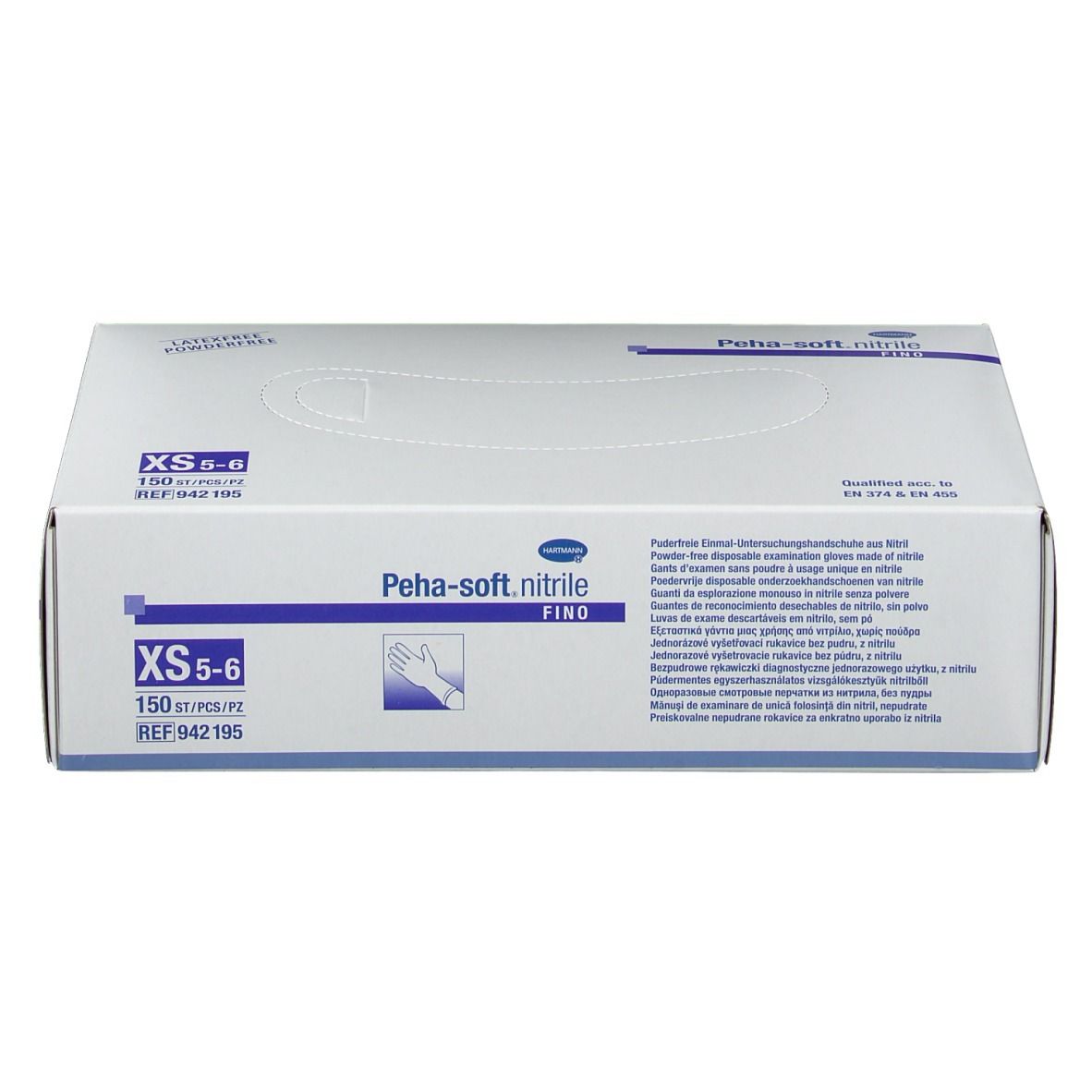 Karton mit Peha-soft nitrile fino Handschuhen. Größe XS 5-6. 150 Stück/Packung. Produktinformationen und Logo.