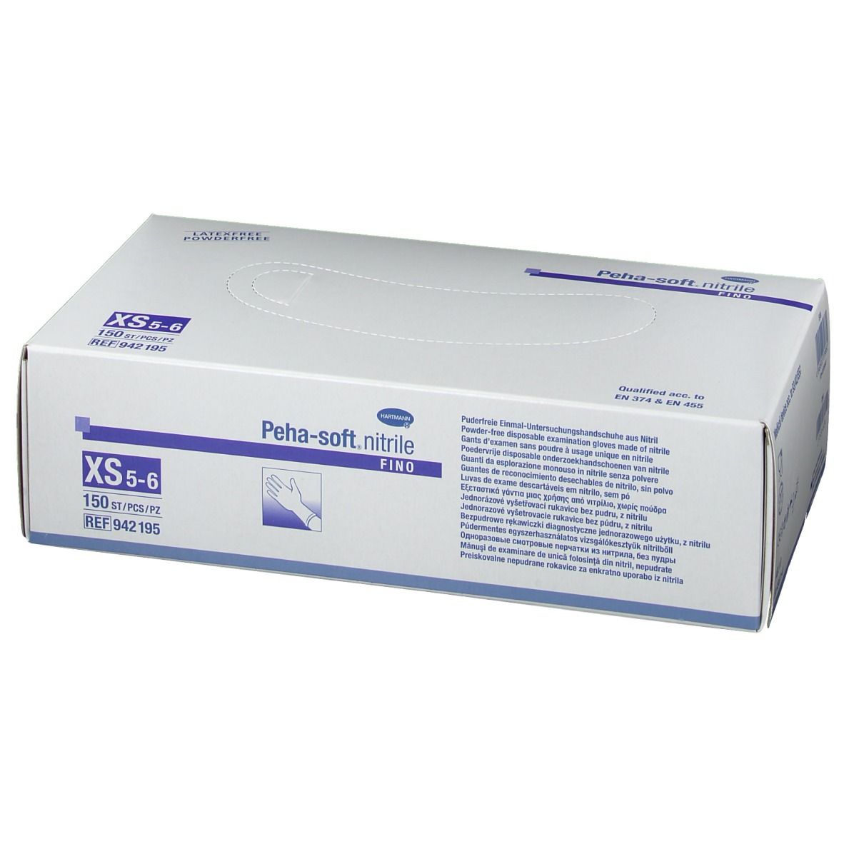 Karton mit Peha-soft nitrile fino Handschuhen. Größe XS 5-6. 150 Stück/Packung. Produktinformationen und Logo.
