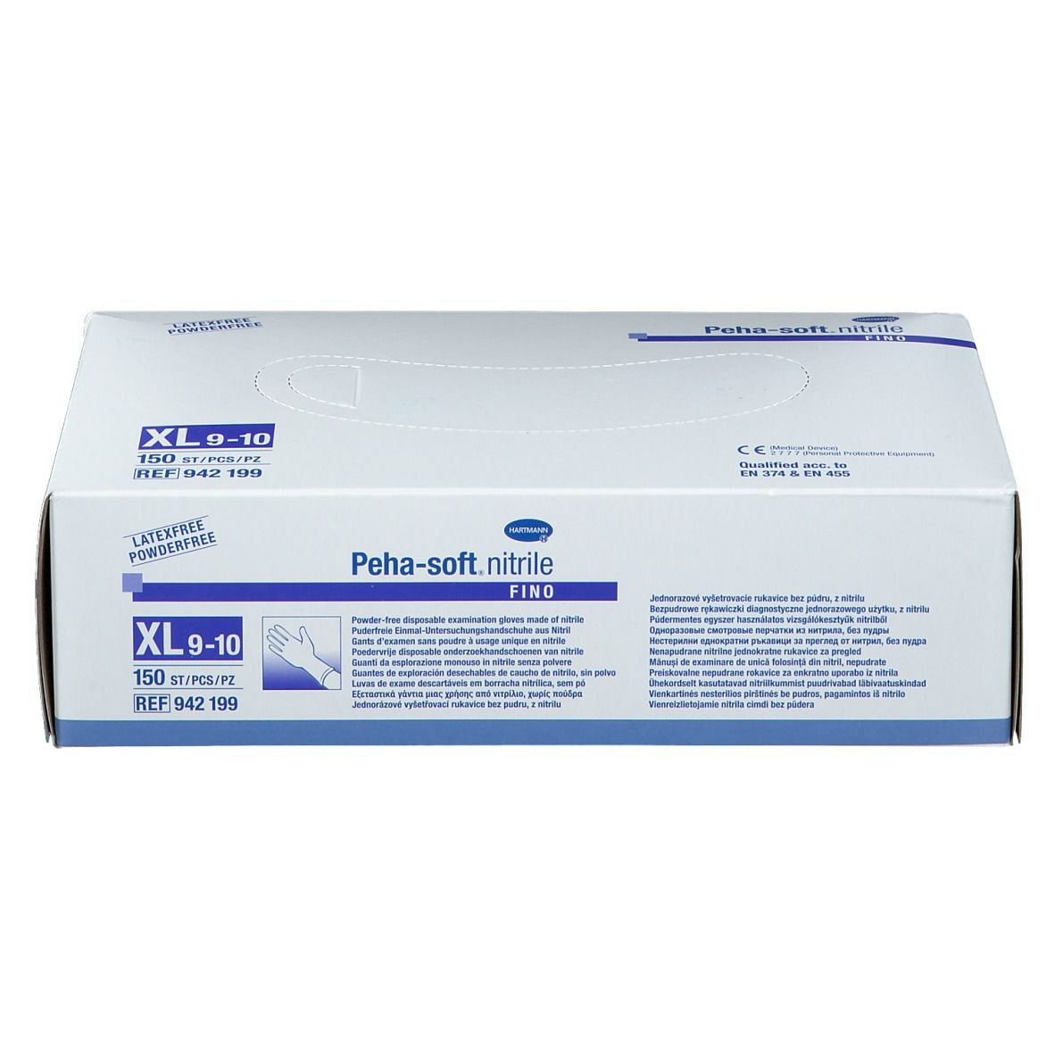 Weißer Karton mit blauer Schrift. Aufschrift: Peha-soft nitrile fino, XL 9-10, 150 Stück. Latex- und puderfrei.