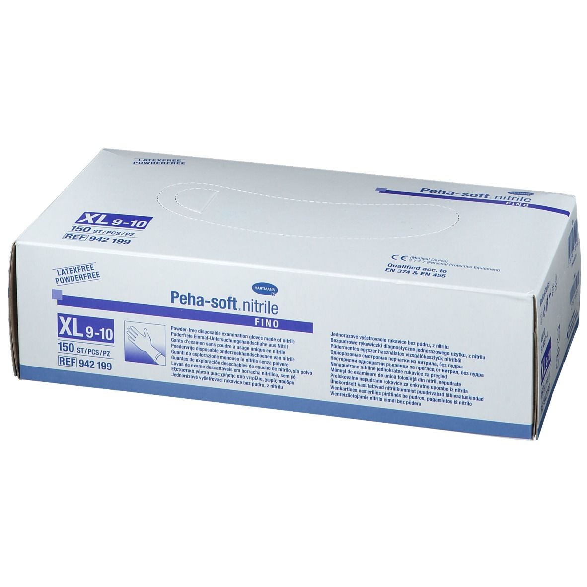Weißer Karton mit blauer Schrift. Aufschrift: Peha-soft nitrile fino, XL 9-10, 150 Stück. Latex- und puderfrei.