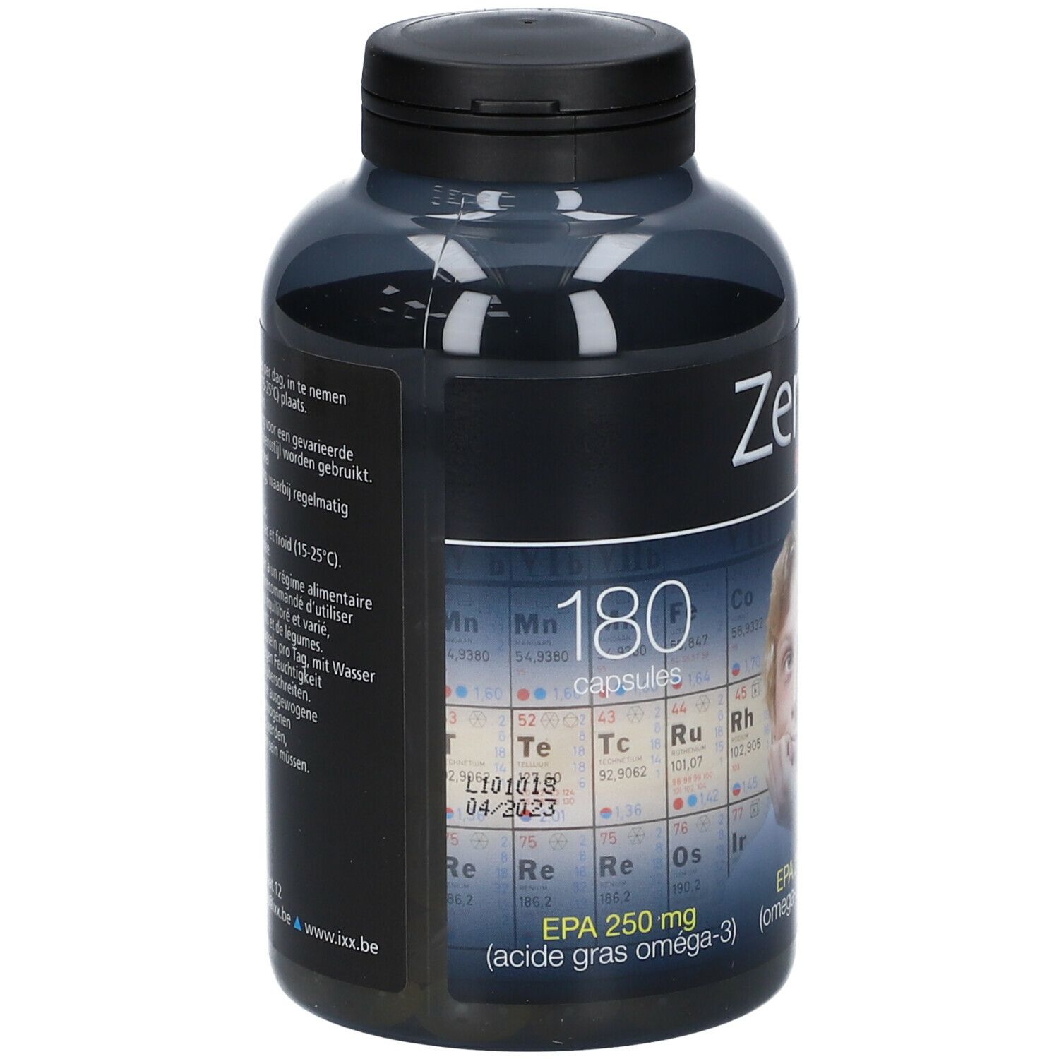 Rückseite einer dunkelgrauen Flasche mit schwarzem Deckel. Aufschrift ZenixX. 180 Kapseln. EPA 250 mg. Verfallsdatum.