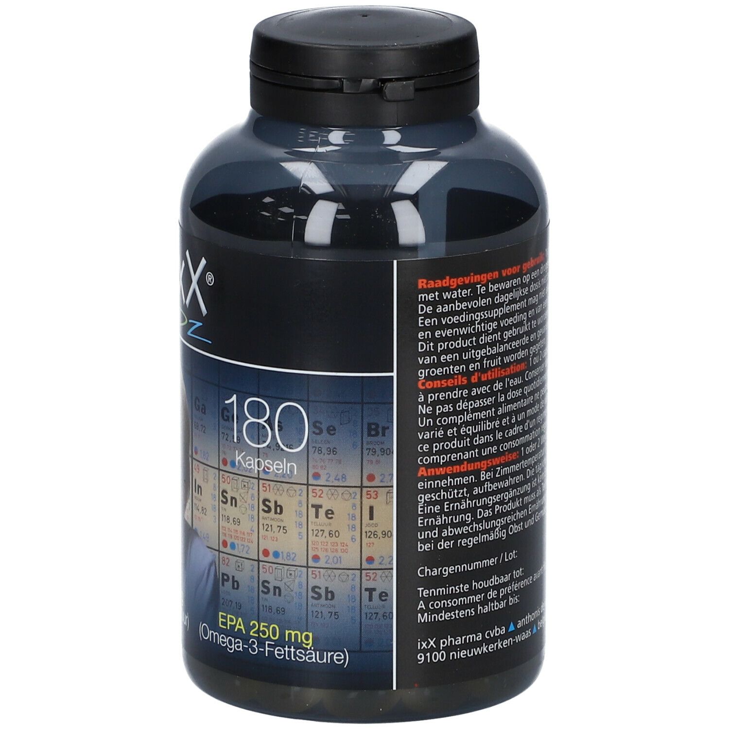Rückseite einer dunkelgrauen Flasche mit schwarzem Deckel. Aufschrift ZenixX. 180 Kapseln. EPA 250 mg. Omega-3-Fettsäuren.