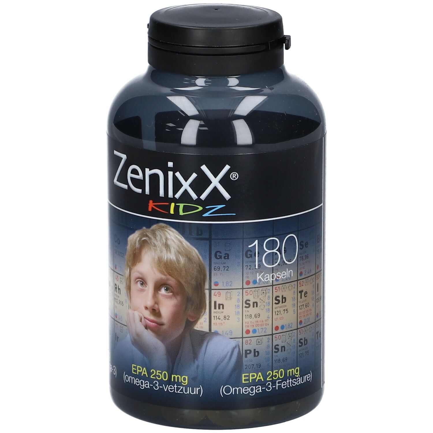 Dunkelgraue Flasche mit schwarzem Deckel. Aufschrift ZenixX Kidz, Bild eines Jungen. 180 Kapseln, EPA 250 mg.