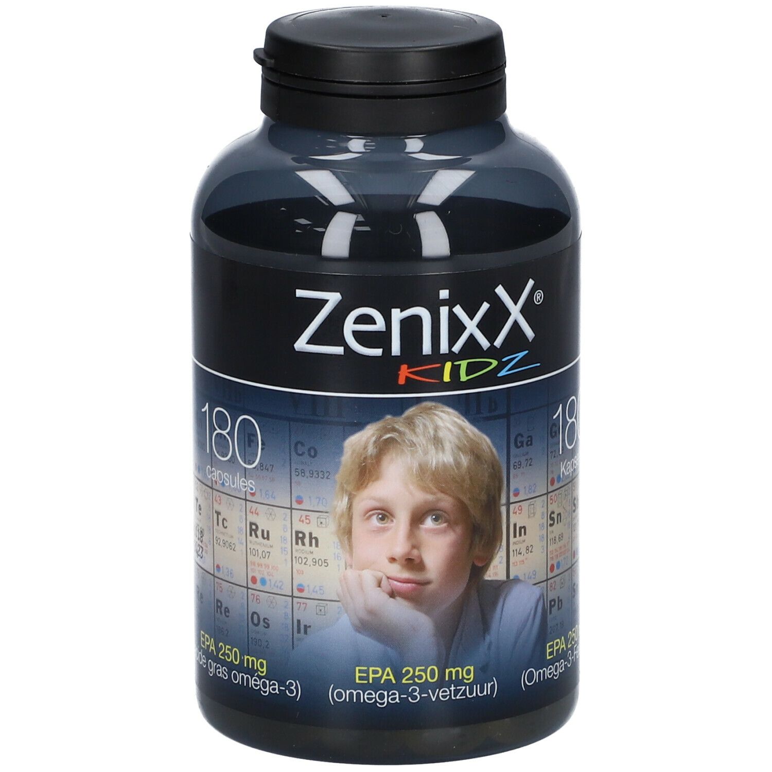 Dunkelgraue Flasche mit schwarzem Deckel. Aufschrift ZenixX Kidz, Bild eines Jungen. 180 Kapseln, EPA 250 mg.