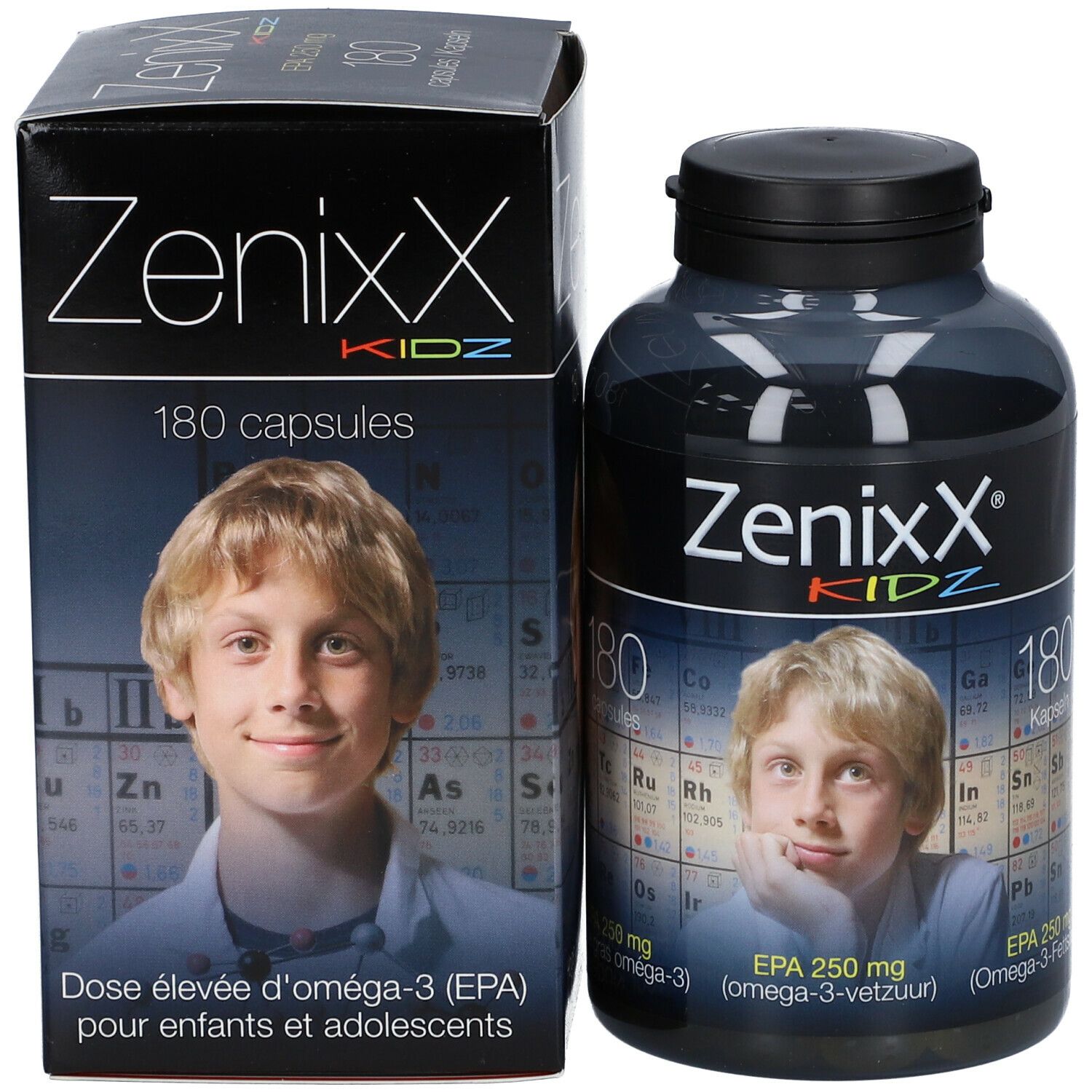 ZenixX Kidz Flasche und Schachtel. Aufschrift 180 Kapseln. Bild eines Jungen. EPA 250 mg. Dose élevée d'oméga-3.